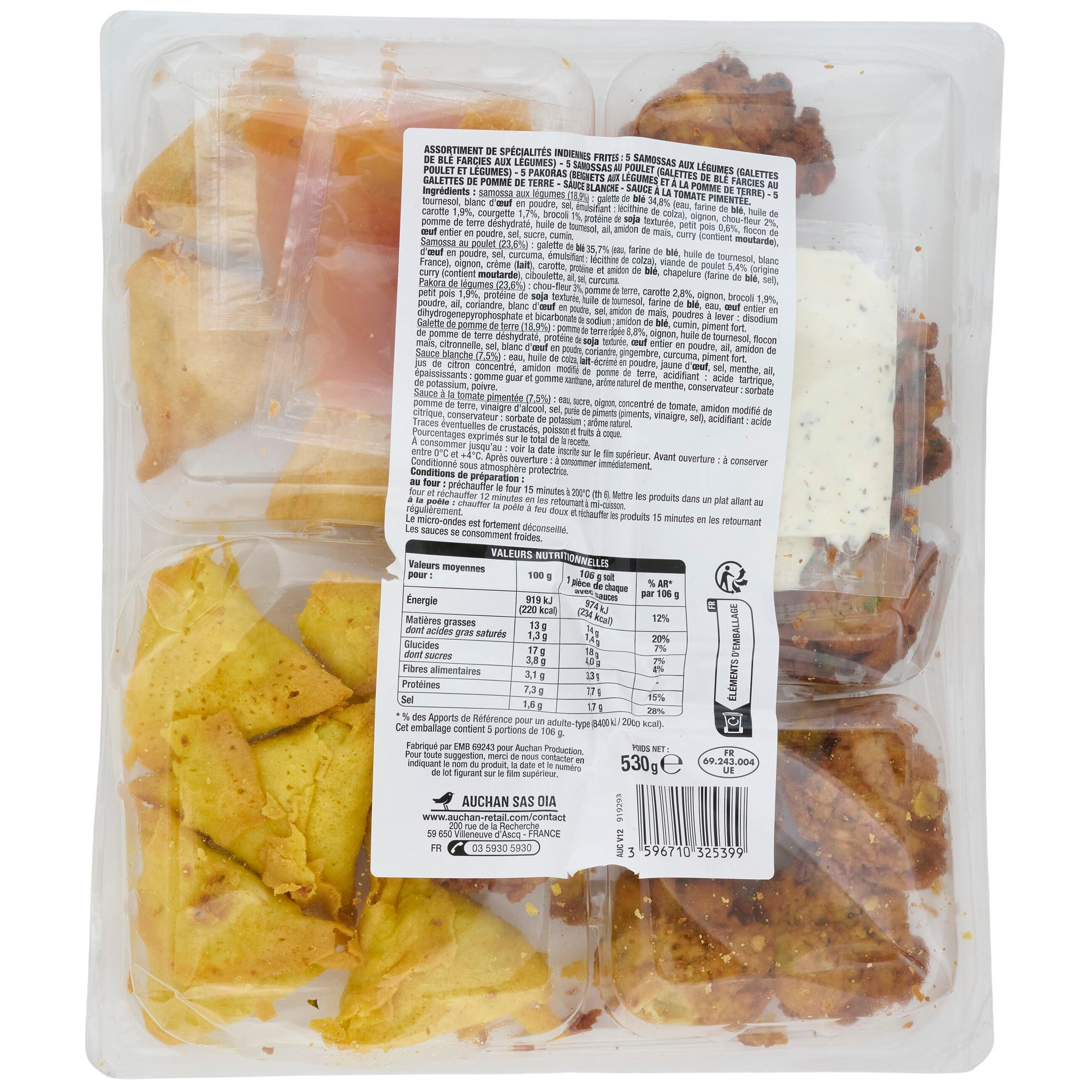 Voir la diapositive 3 : AUCHAN Plateau assortiment indien sauce tomate pimentée et sauce blanche 20 pièces 530g