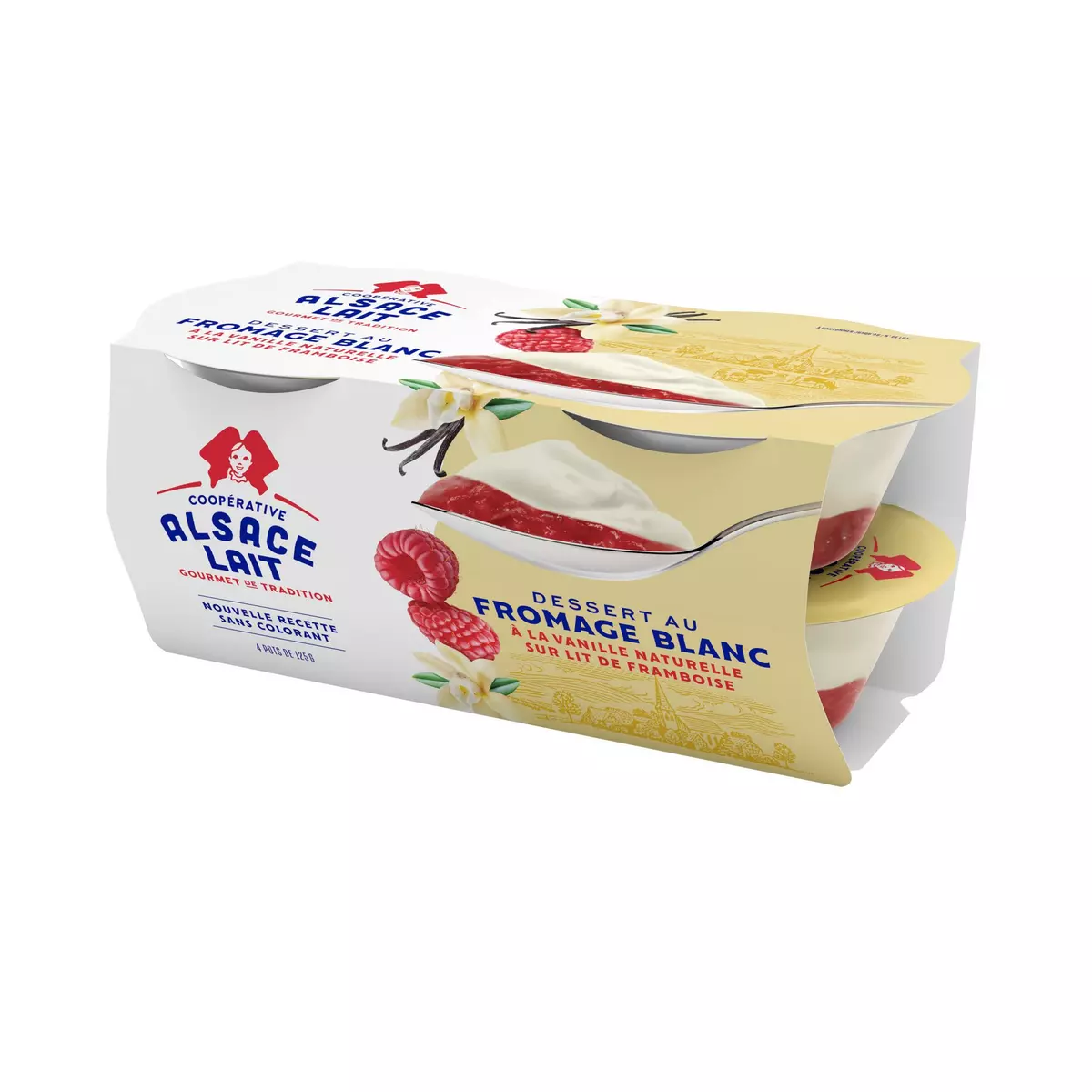 ALSACE LAIT Dessert au fromage blanc à la vanille naturelle sur lit de framboises 4x125g