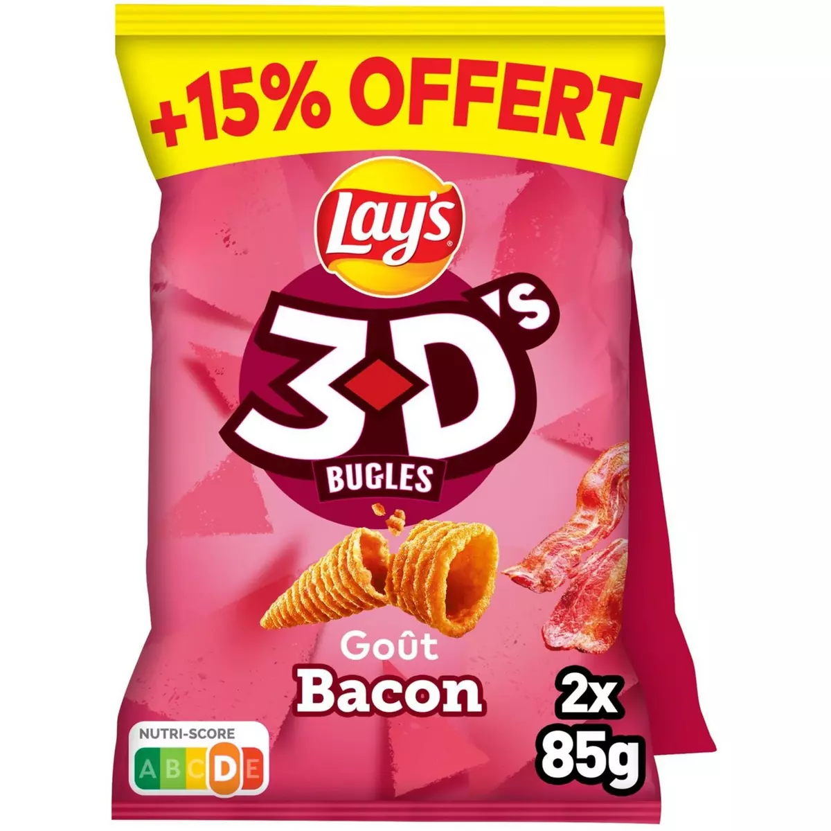 LAY'S Biscuits soufflés 3D's bugles goût bacon lot de 2 2x85g + 15% offert