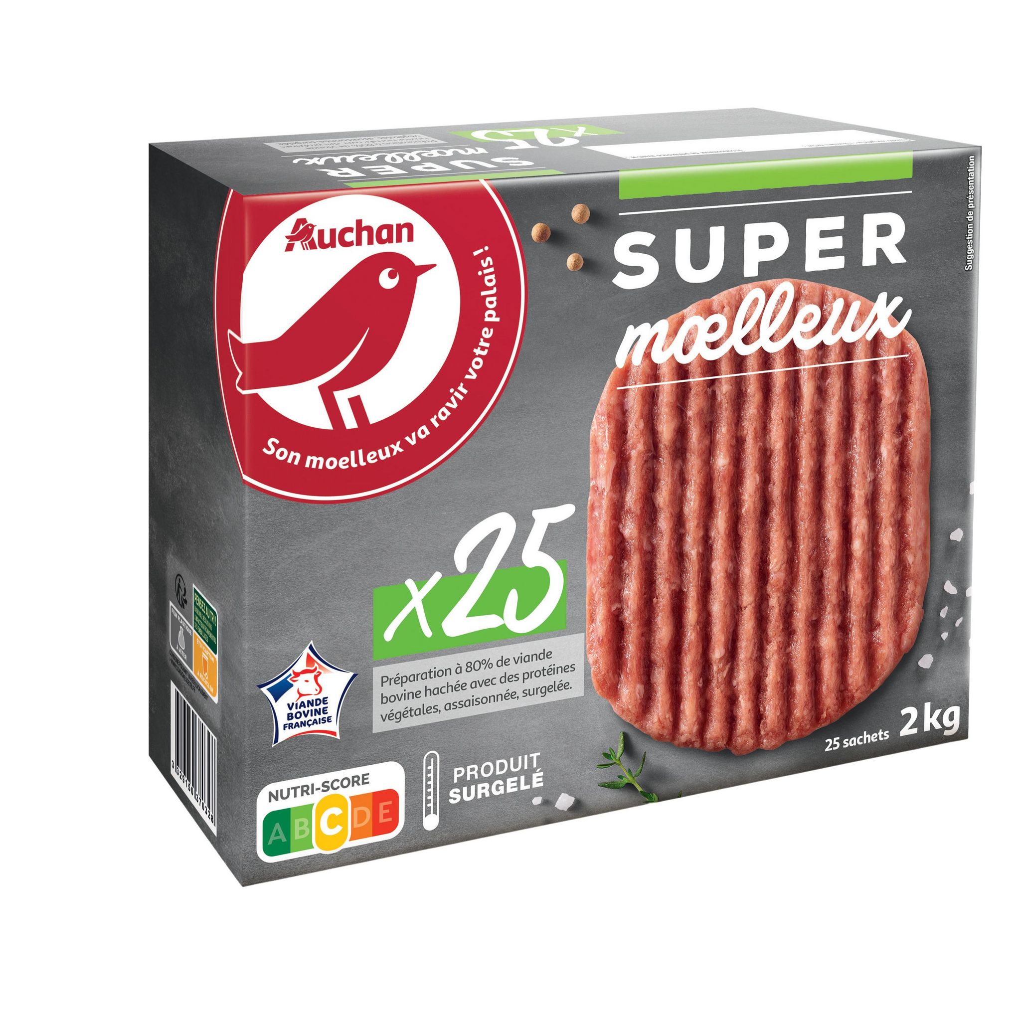 Voir la diapositive 2 : AUCHAN Hachés super moelleux 15% MG 25 pièces 2kg