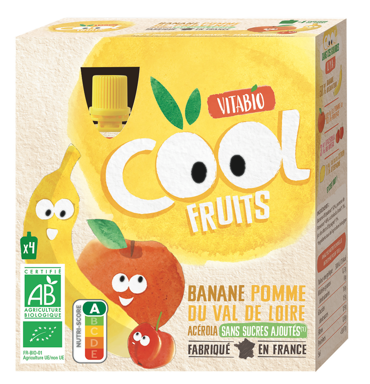 Voir la diapositive 2 : VITABIO Cool Fruits Gourdes de compote de banane pomme bio sans sucres ajoutés 4x90g