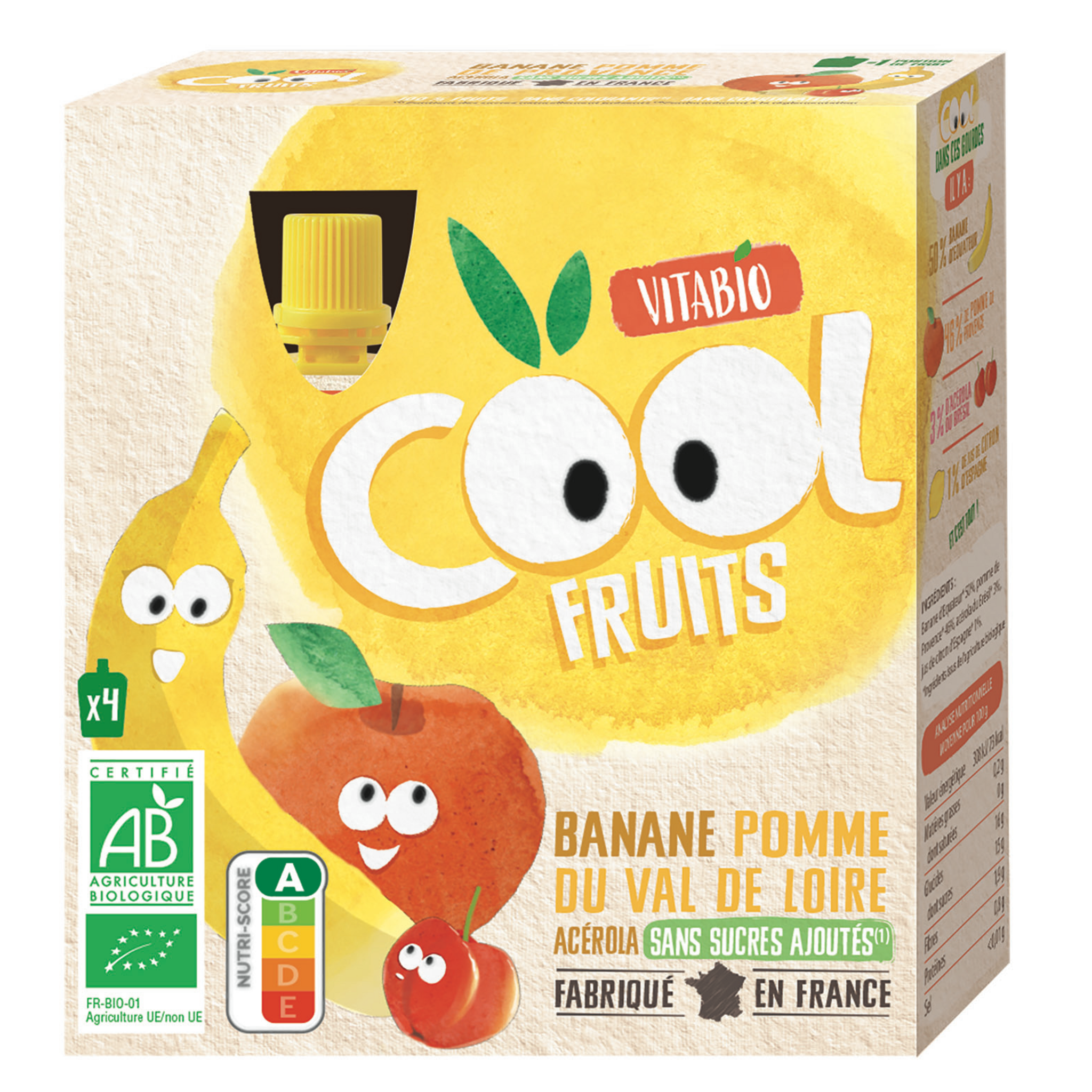 Voir la diapositive 2 : VITABIO Cool Fruits Gourdes de compote de banane pomme bio sans sucres ajoutés 4x90g