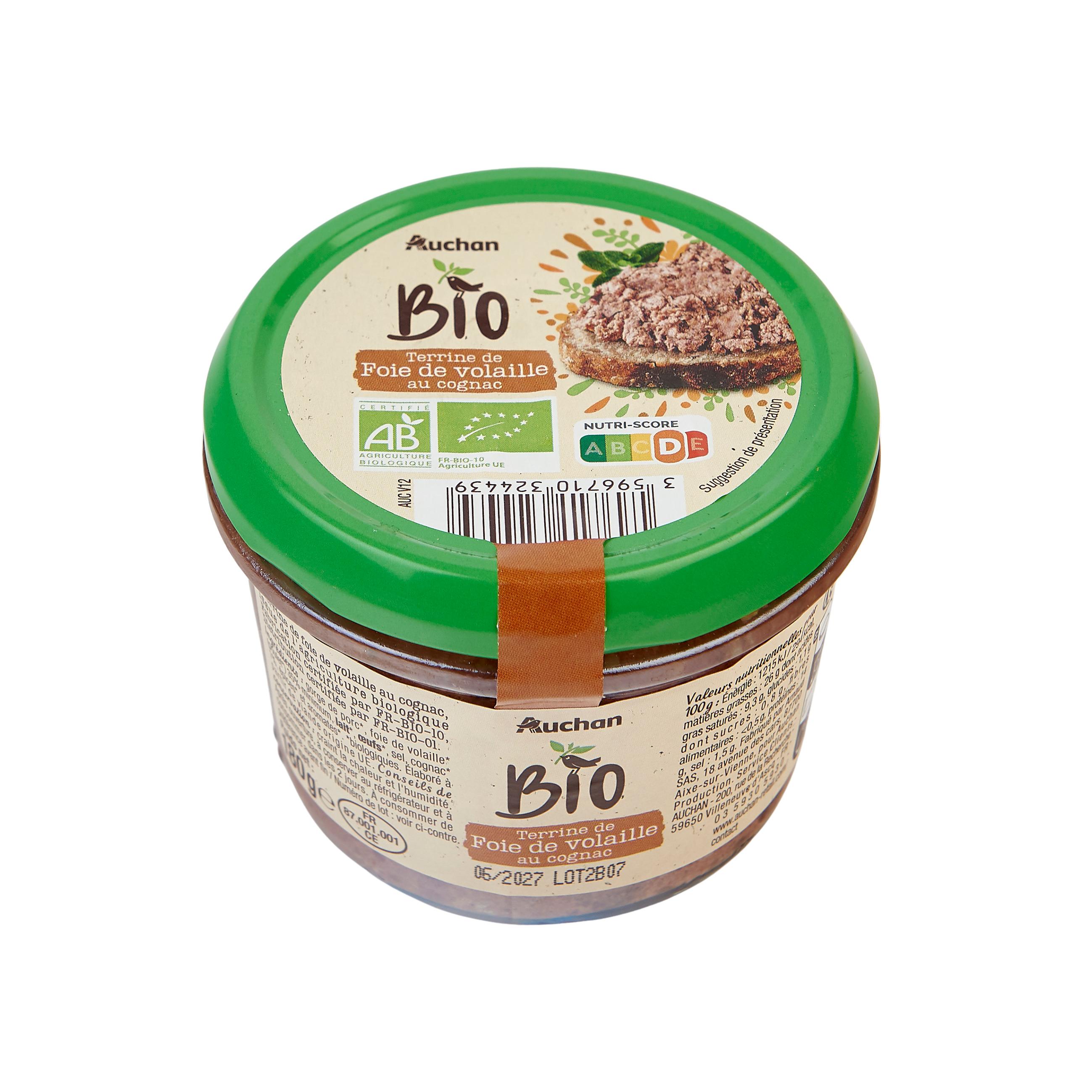 Voir la diapositive 2 : AUCHAN BIO Terrine de foie de volaille au cognac 180g
