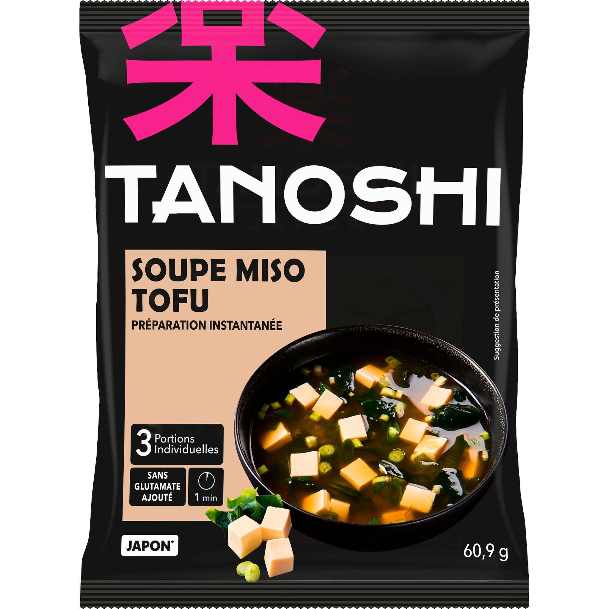 Voir la diapositive 2 : TANOSHI Soupe miso instantanée au tofu en sachet 3 portions 60,9g