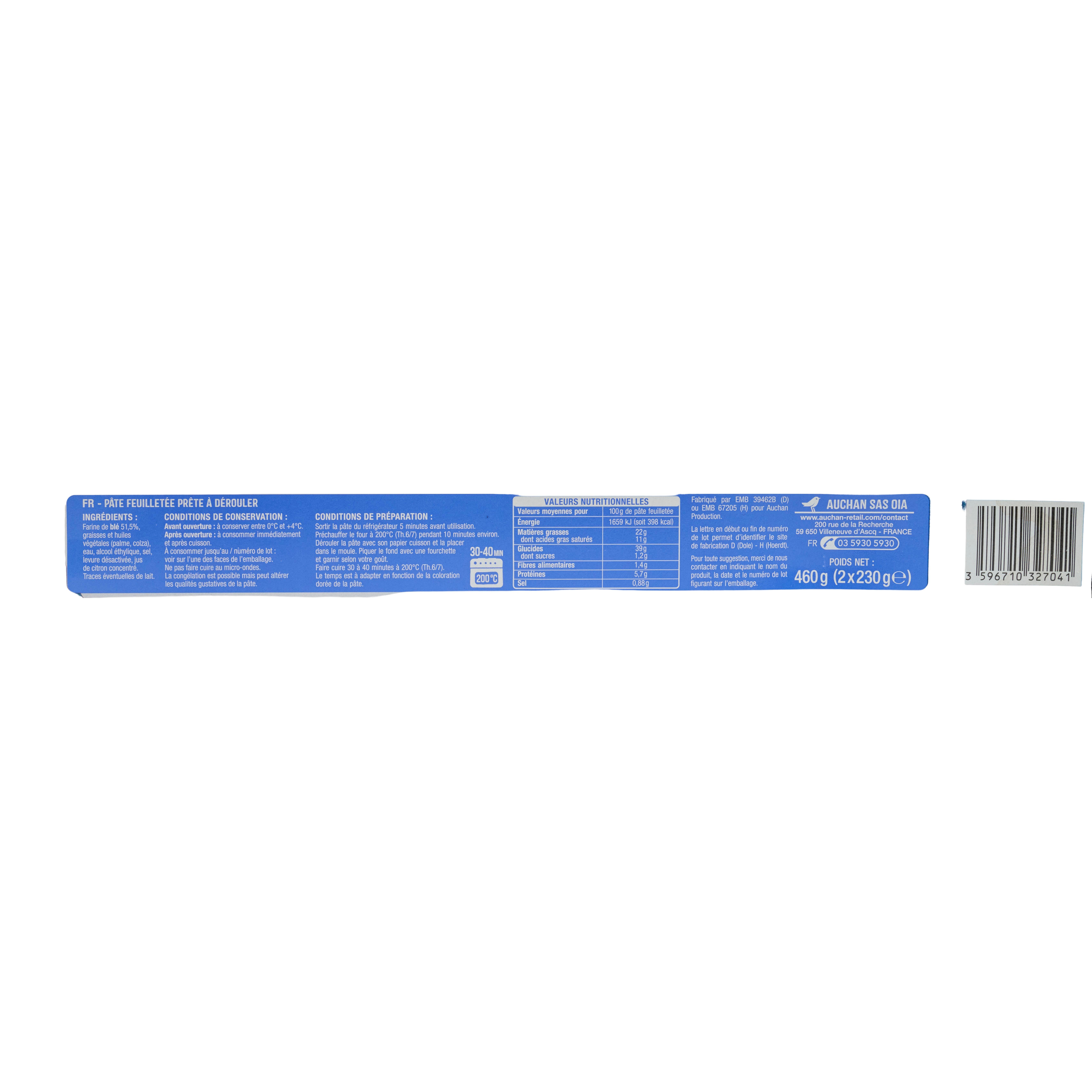 Voir la diapositive 2 : AUCHAN Pâte feuilletée 2x230g