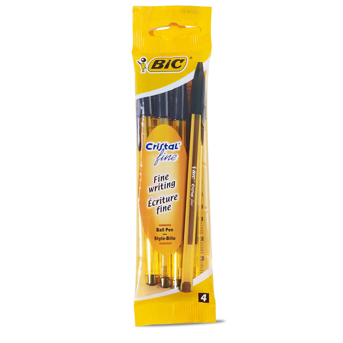 BIC Lot de 4 stylos bille pointe fine noir CRISTAL ORIGINAL