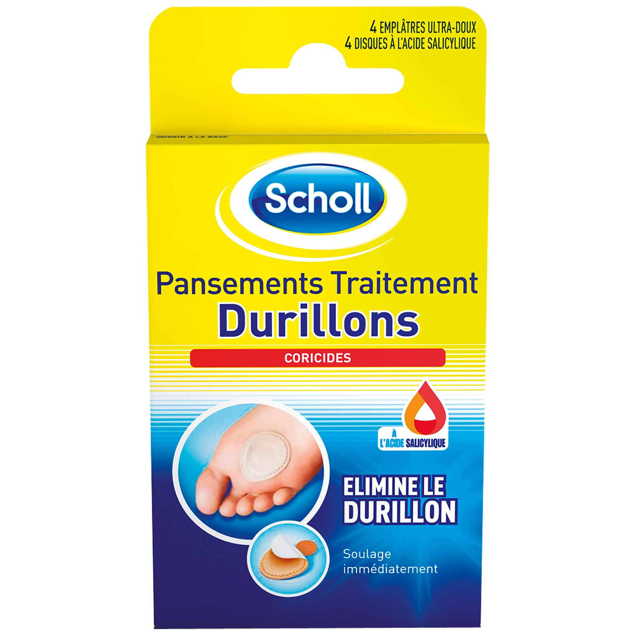 Voir la diapositive 2 : SCHOLL Traitement durillons à l'acide salicylique 4 pansements+4 disques