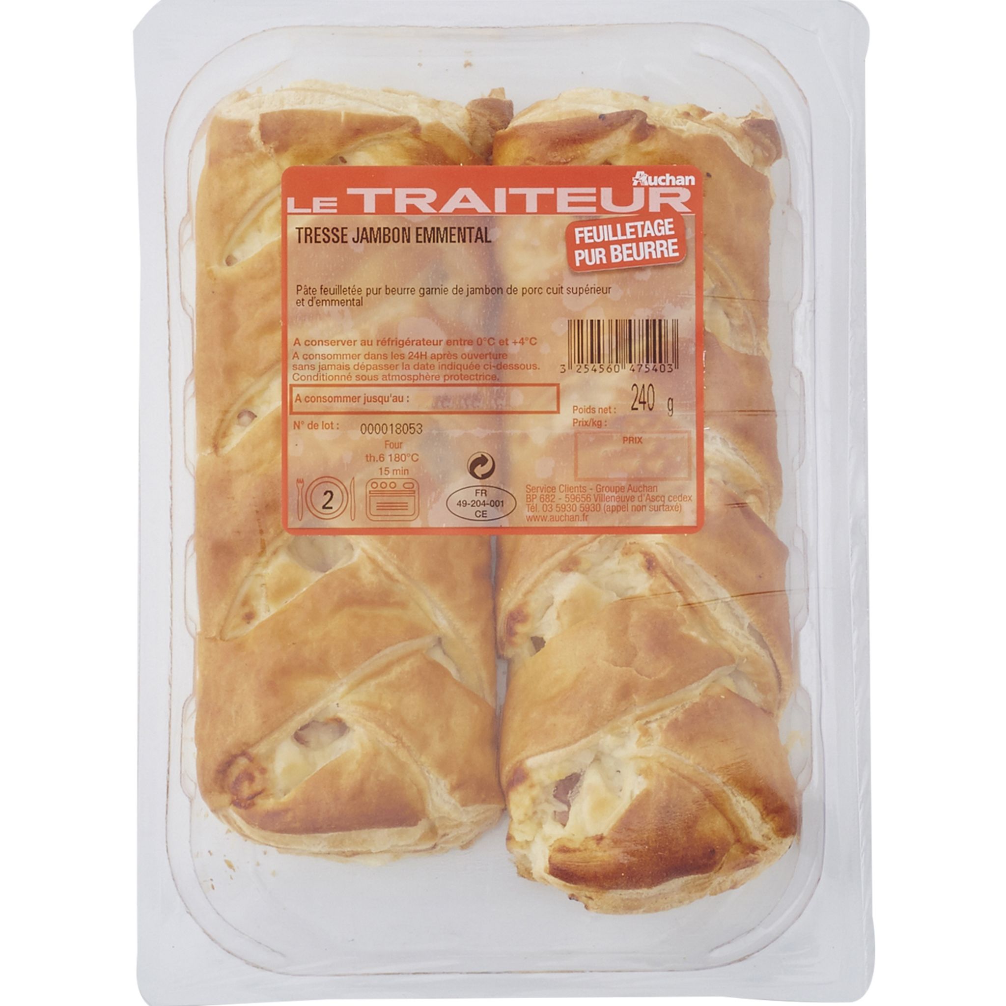 Voir la diapositive 2 : AUCHAN LE TRAITEUR Tresse jambon et fromage 2 pièces 240g