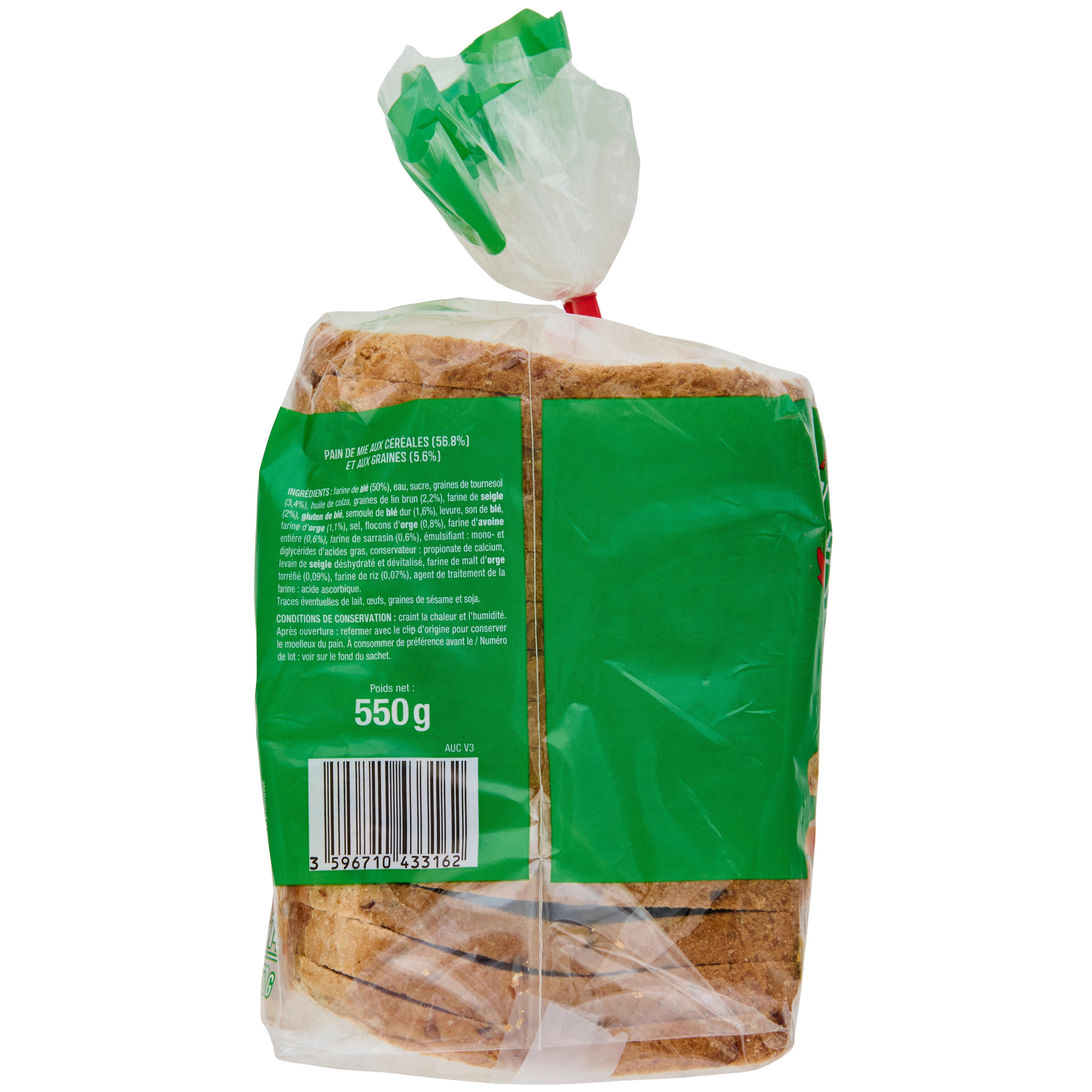 Voir la diapositive 2 : AUCHAN Pain de mie aux 7 céréales grandes tranches avec croûte spécial sandwich 14 tranches 550g