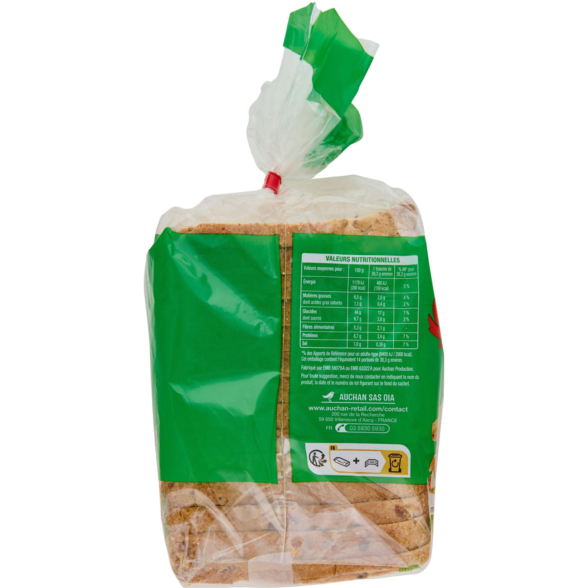 Voir la diapositive 2 : AUCHAN Pain de mie aux 7 céréales grandes tranches avec croûte spécial sandwich 14 tranches 550g