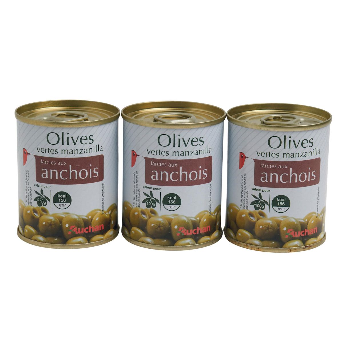 AUCHAN Olives vertes manzanilla farcies aux anchois en boîte lot de 3 3x50g