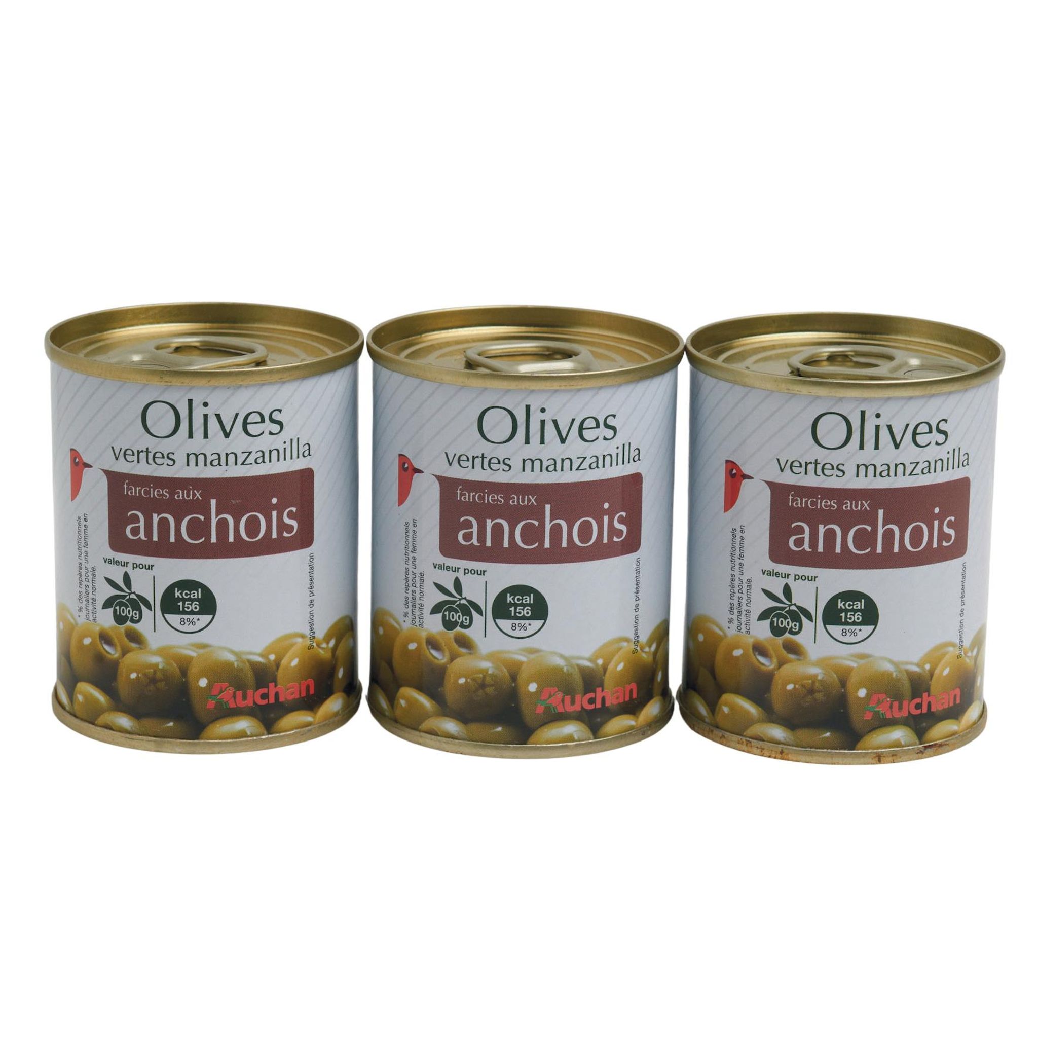 Voir la diapositive 2 : AUCHAN Olives vertes manzanilla farcies aux anchois en boîte lot de 3 3x50g