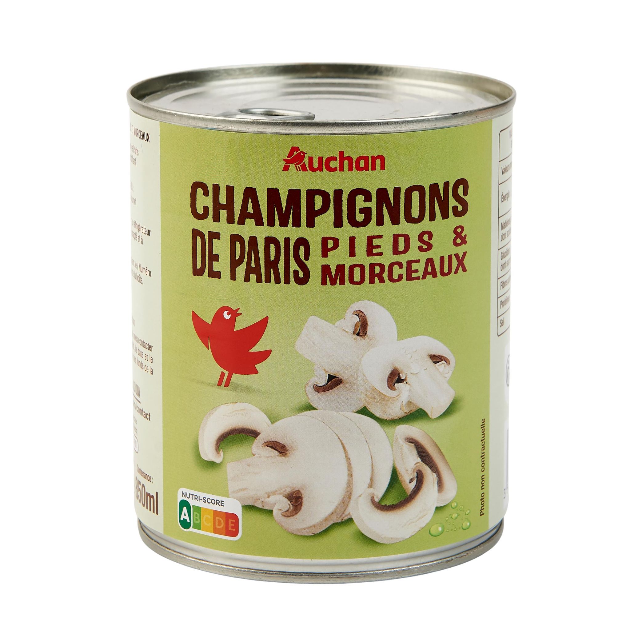 Voir la diapositive 2 : AUCHAN Champignons de Paris pieds et morceaux 800g