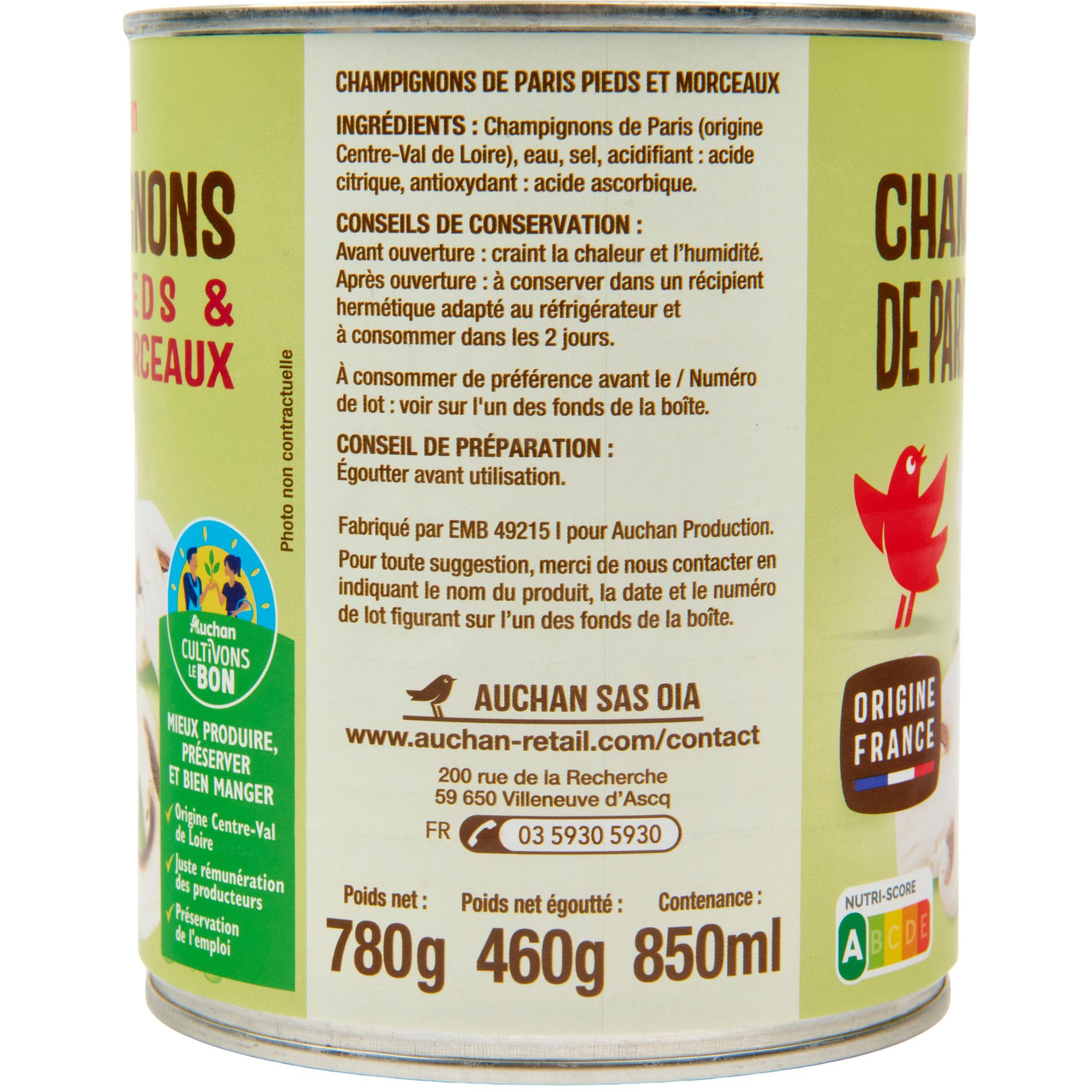Voir la diapositive 3 : AUCHAN Champignons de Paris pieds et morceaux 800g