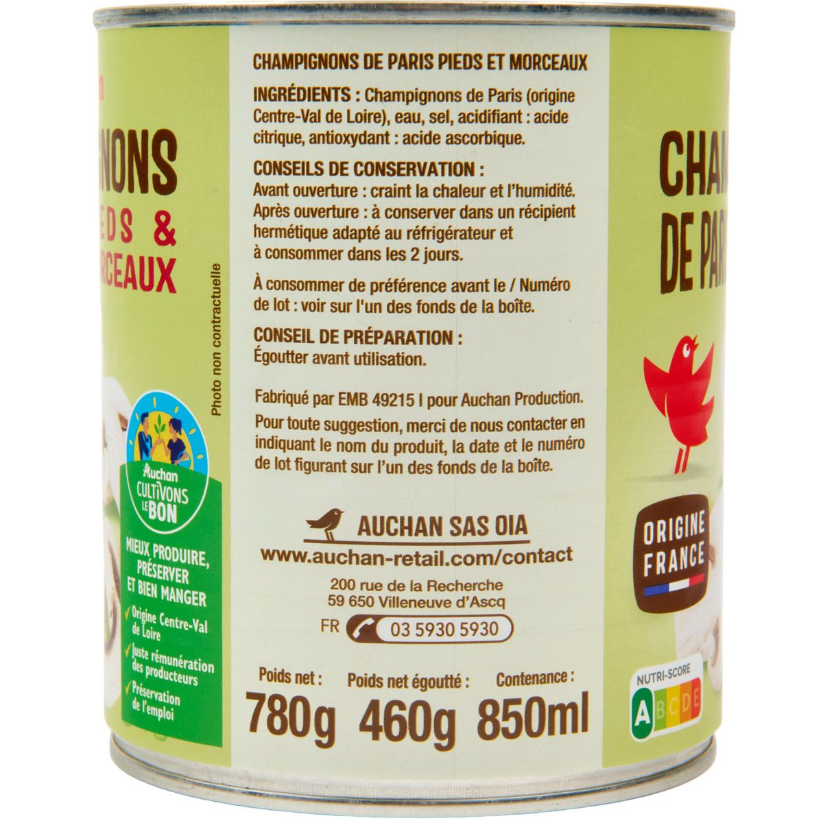 AUCHAN Champignons de Paris pieds et morceaux 800g