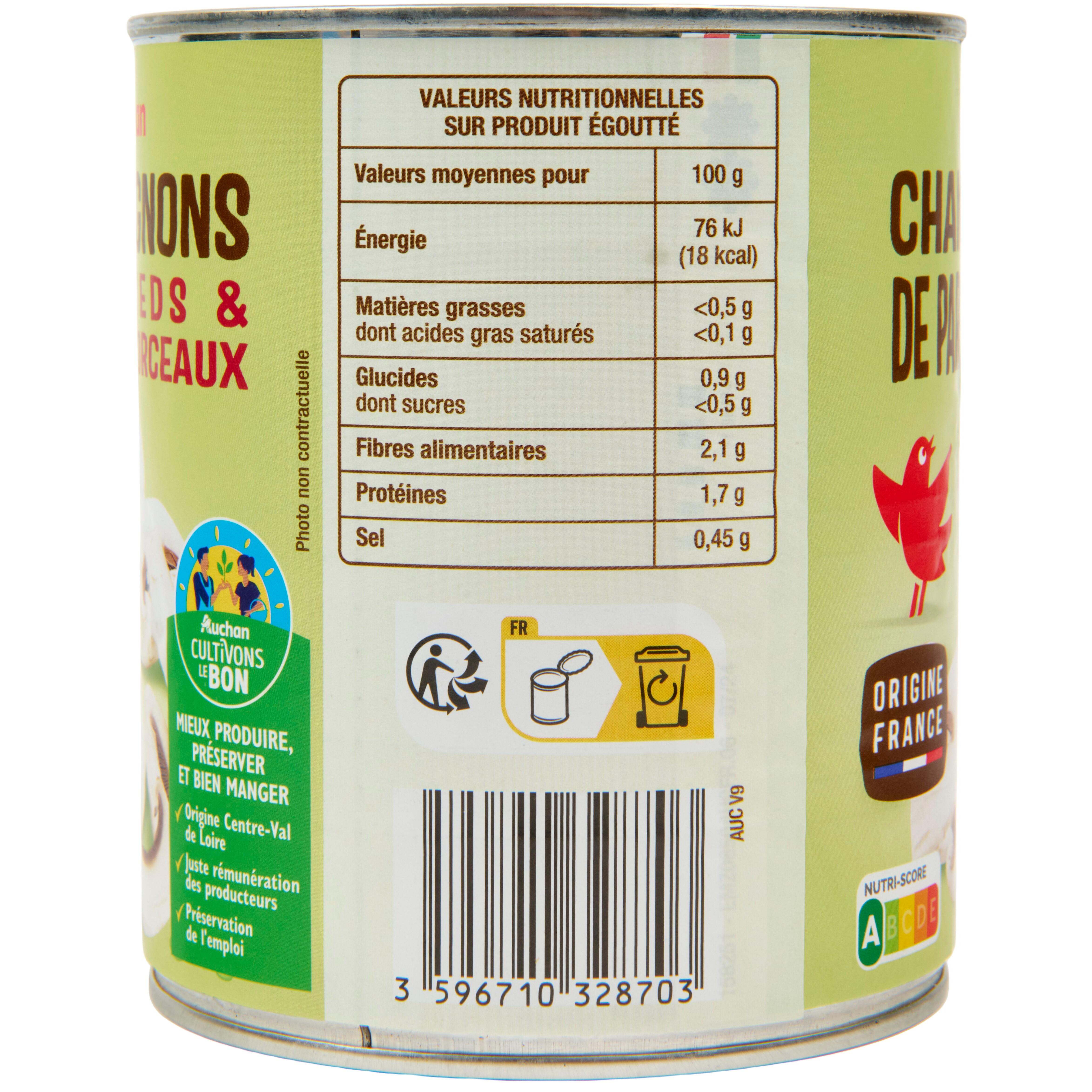 Voir la diapositive 5 : AUCHAN Champignons de Paris pieds et morceaux 800g