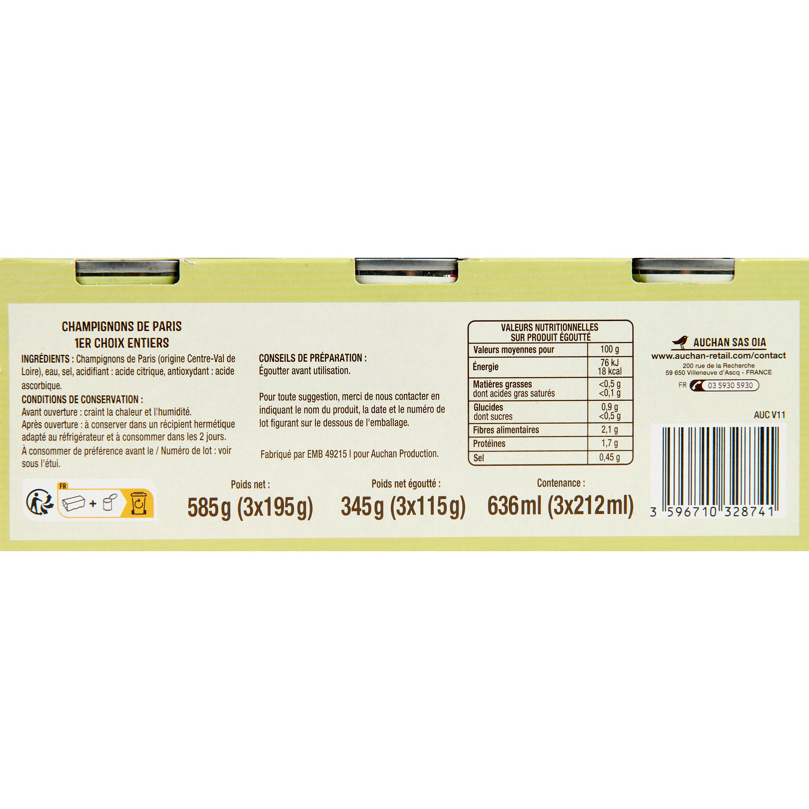 Voir la diapositive 2 : AUCHAN Champignons de Paris entiers 1er choix 3x115g