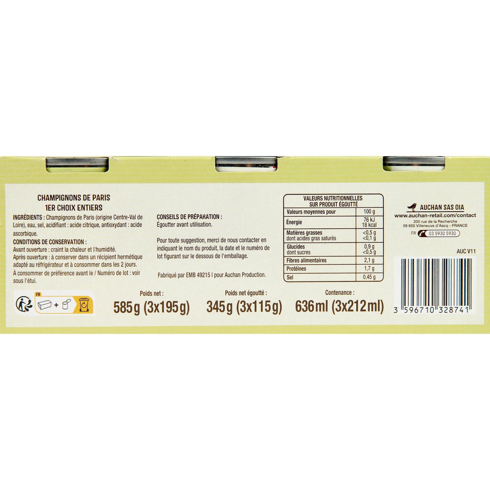 Voir la diapositive 2 : AUCHAN Champignons de Paris entiers 1er choix 3x115g