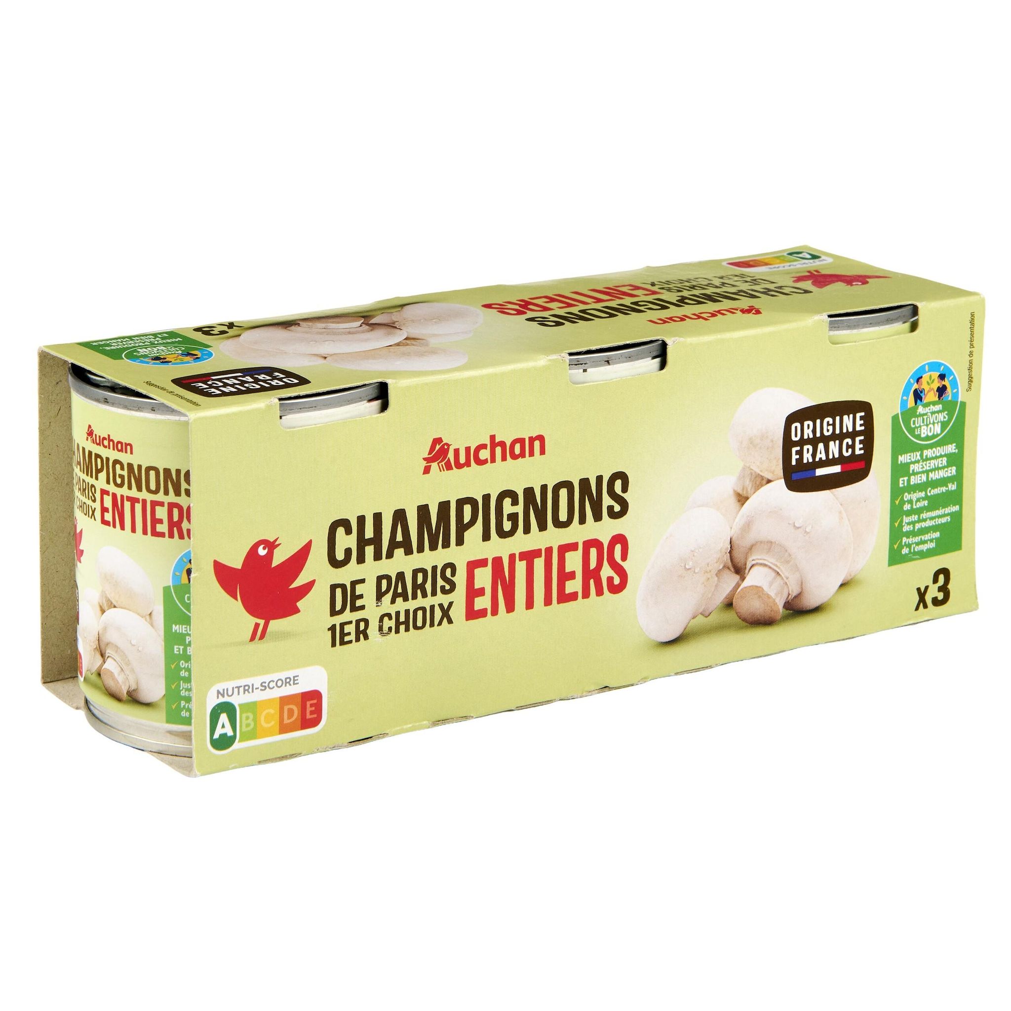 Voir la diapositive 3 : AUCHAN Champignons de Paris entiers 1er choix 3x115g