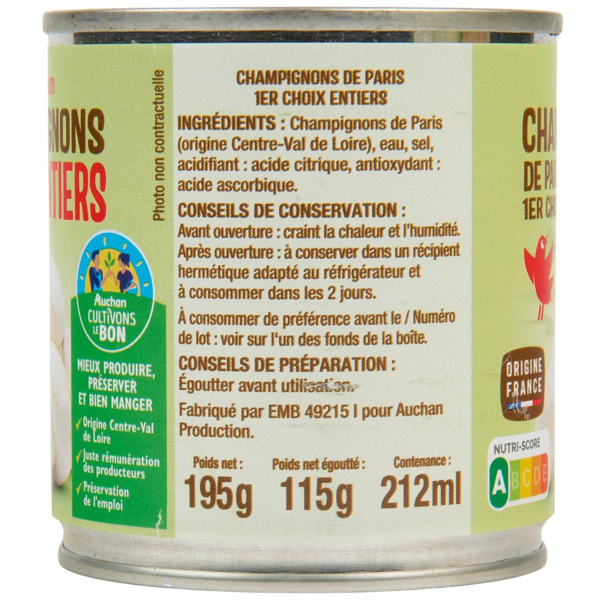 AUCHAN Champignons de Paris entiers 1er choix 3x115g