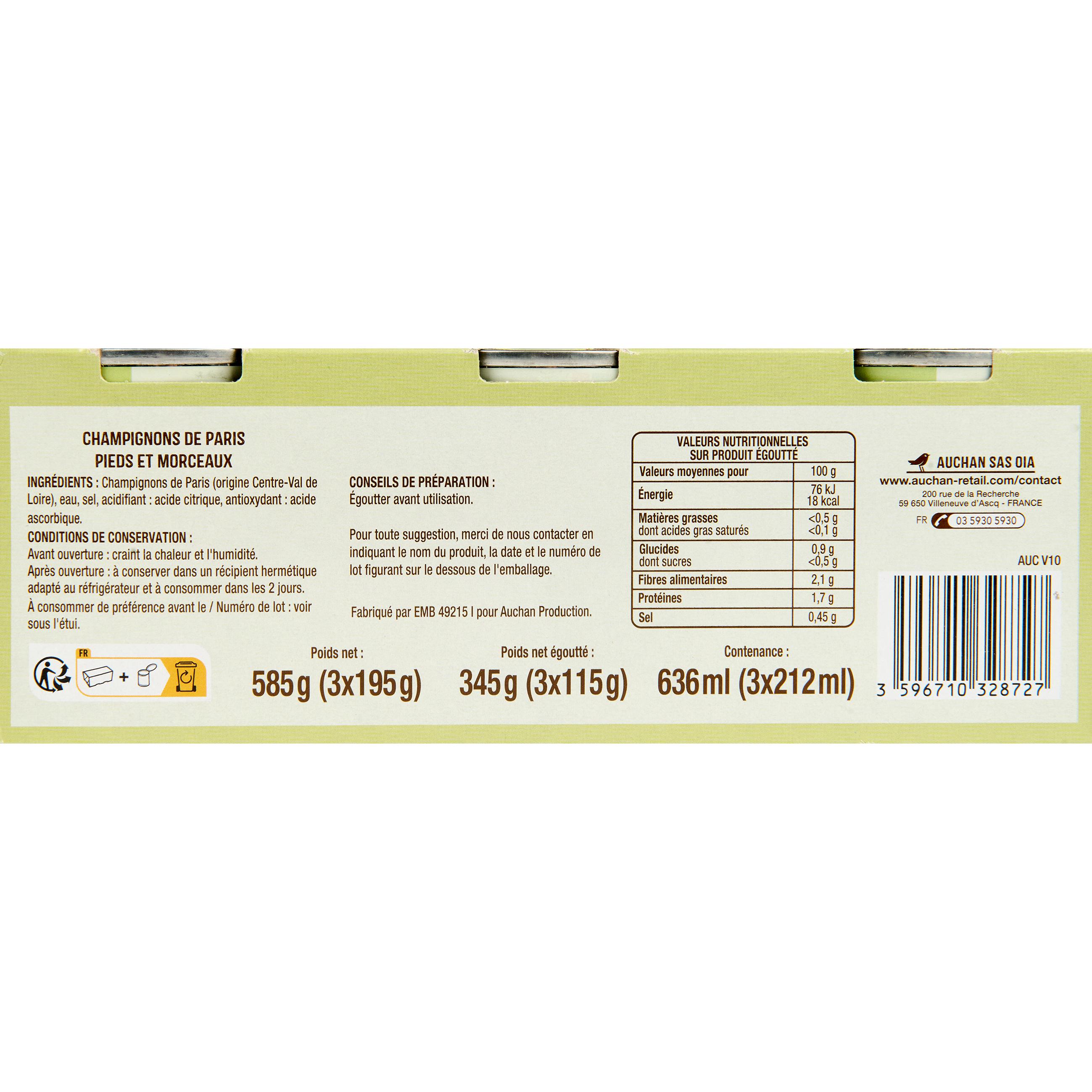 Voir la diapositive 2 : AUCHAN Champignons de Paris pieds et morceaux 3x115g