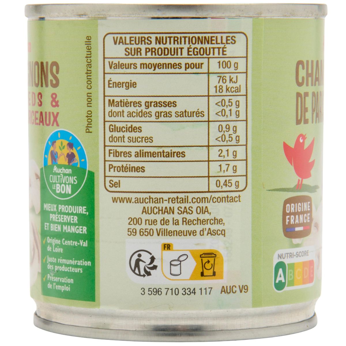 AUCHAN Champignons de Paris pieds et morceaux 3x115g