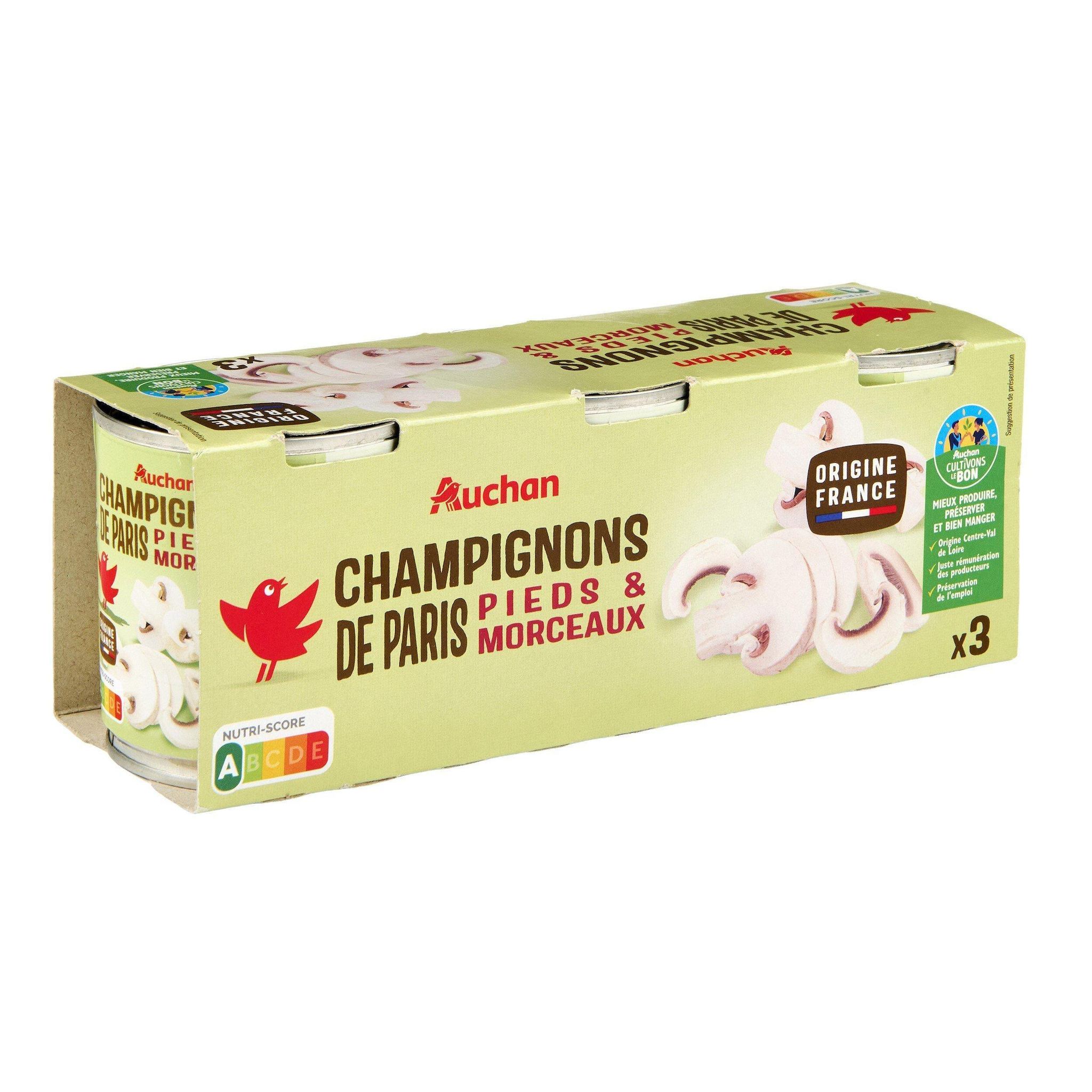 Voir la diapositive 4 : AUCHAN Champignons de Paris pieds et morceaux 3x115g
