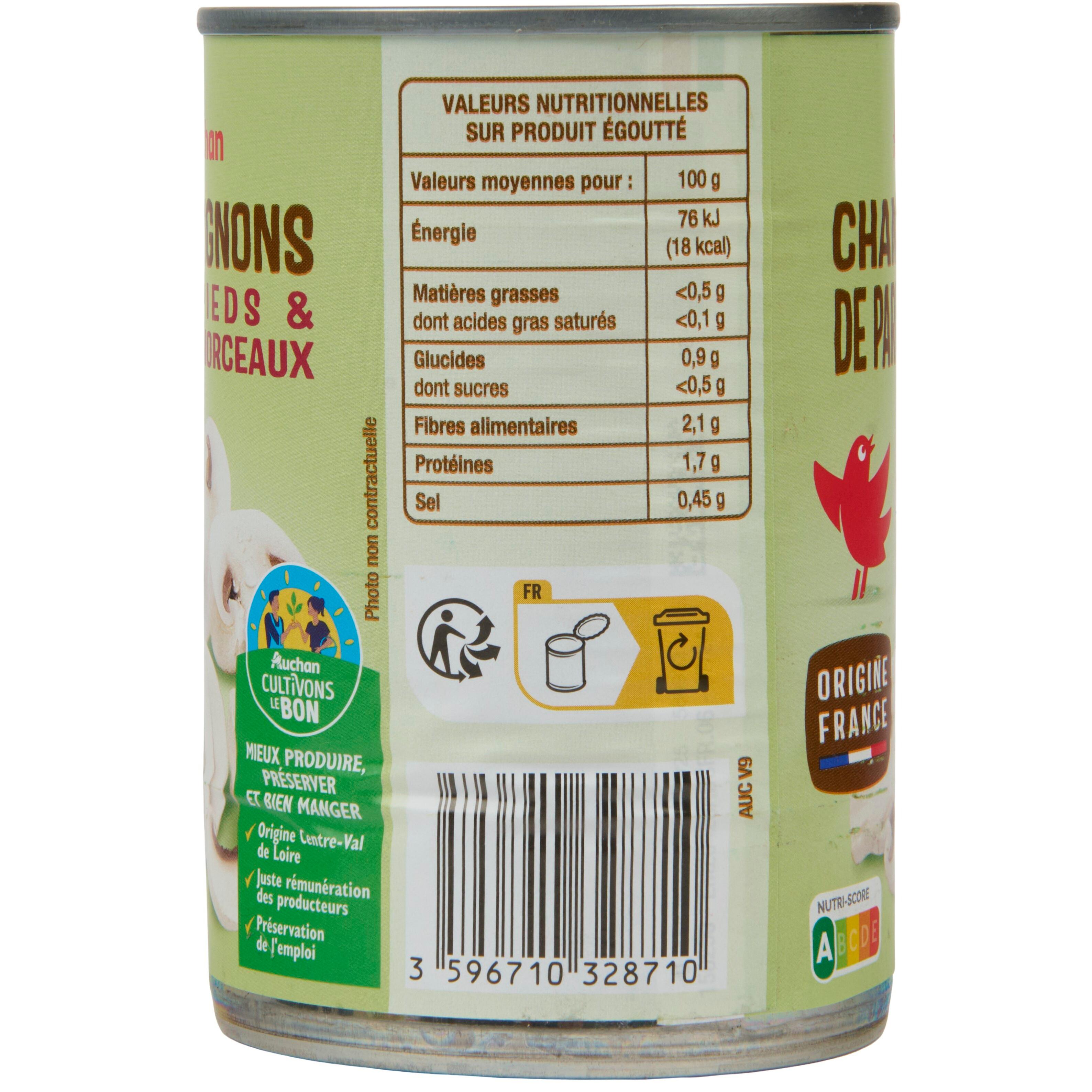 Voir la diapositive 2 : AUCHAN Champignons de Paris pieds et morceaux 400g