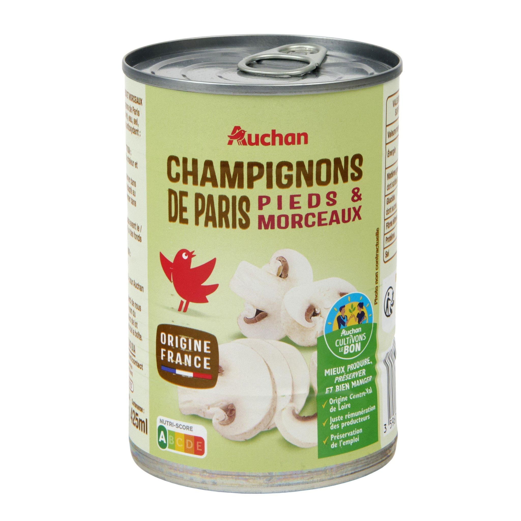 Voir la diapositive 3 : AUCHAN Champignons de Paris pieds et morceaux 400g