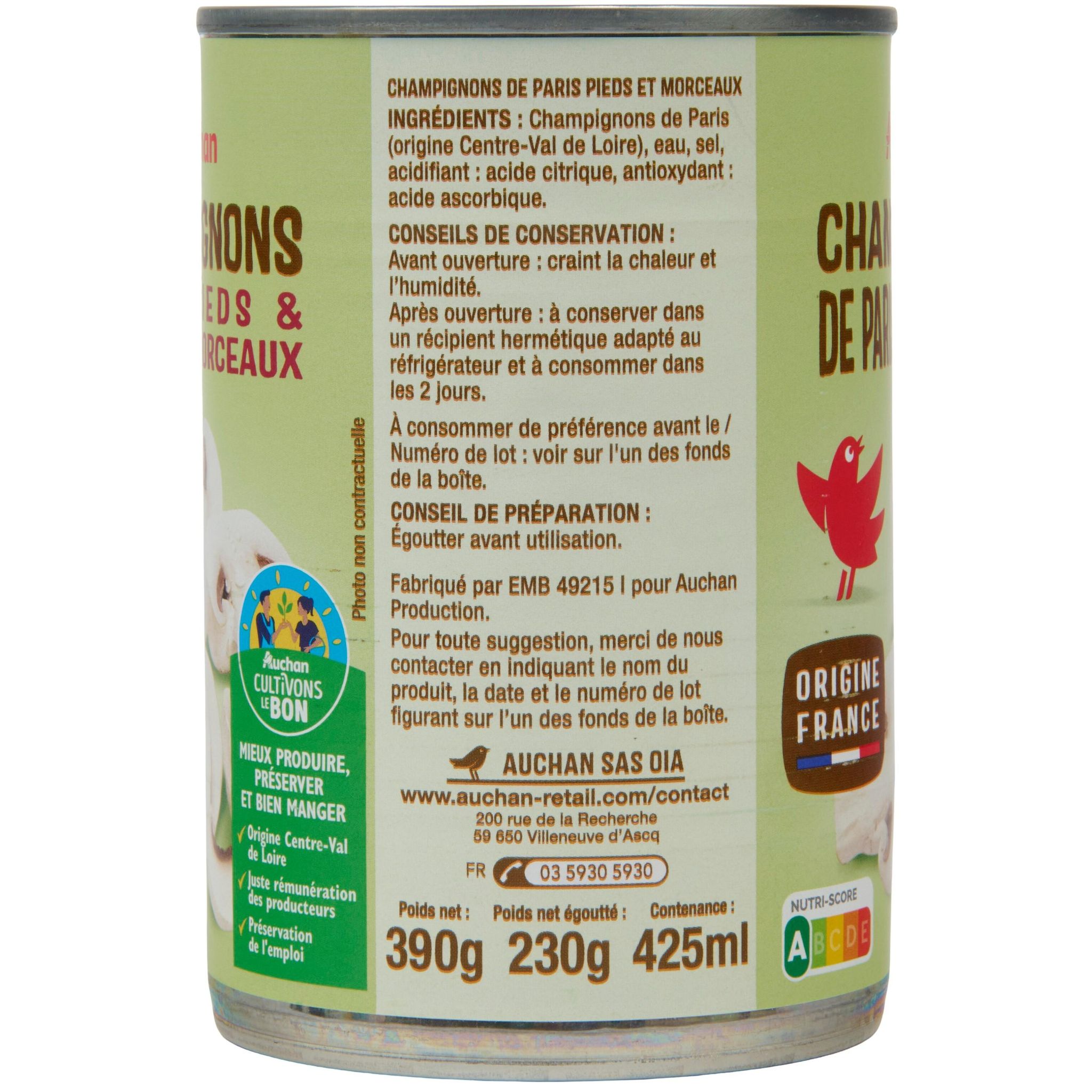 Voir la diapositive 4 : AUCHAN Champignons de Paris pieds et morceaux 400g