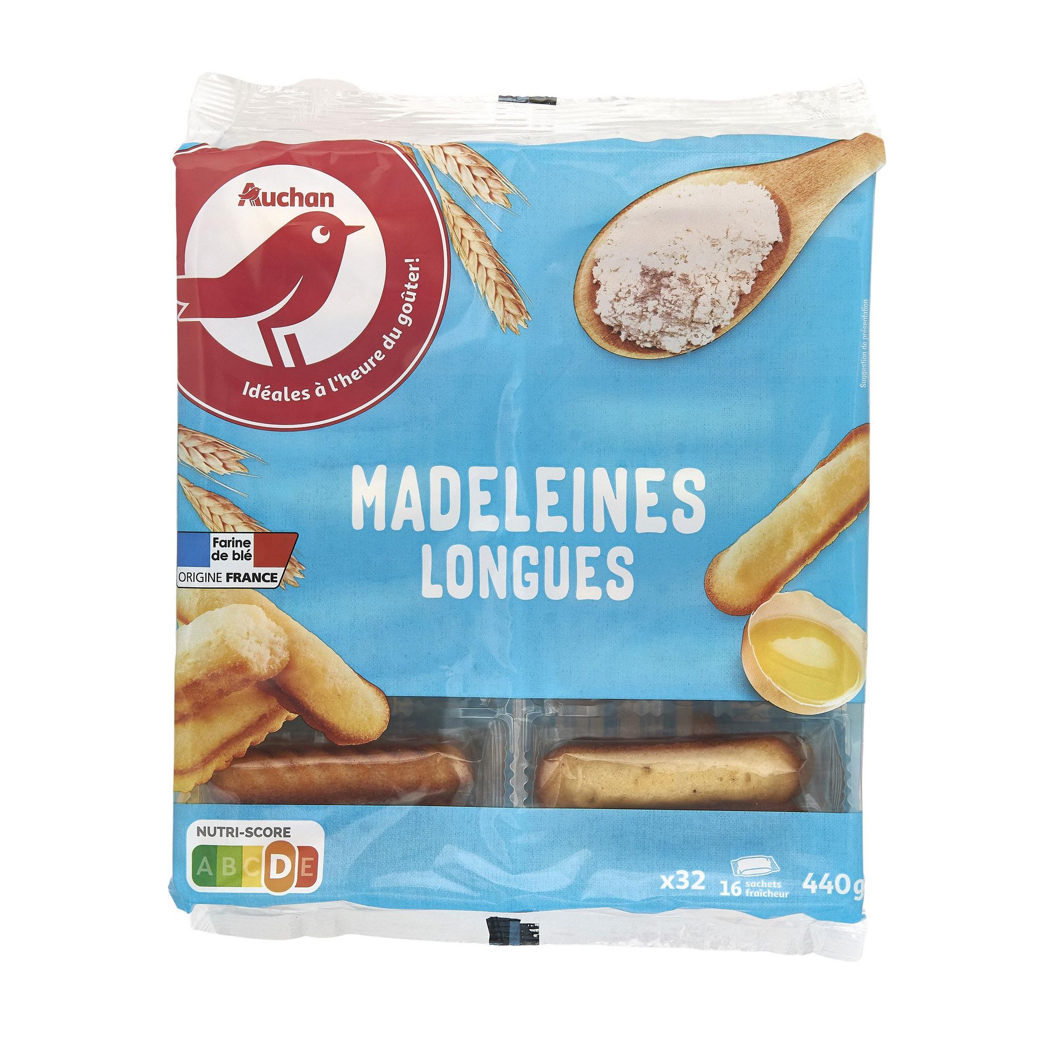 Voir la diapositive 2 : AUCHAN Madeleines longues aux œufs frais sachets fraîcheur 16x2 madeleines 440g