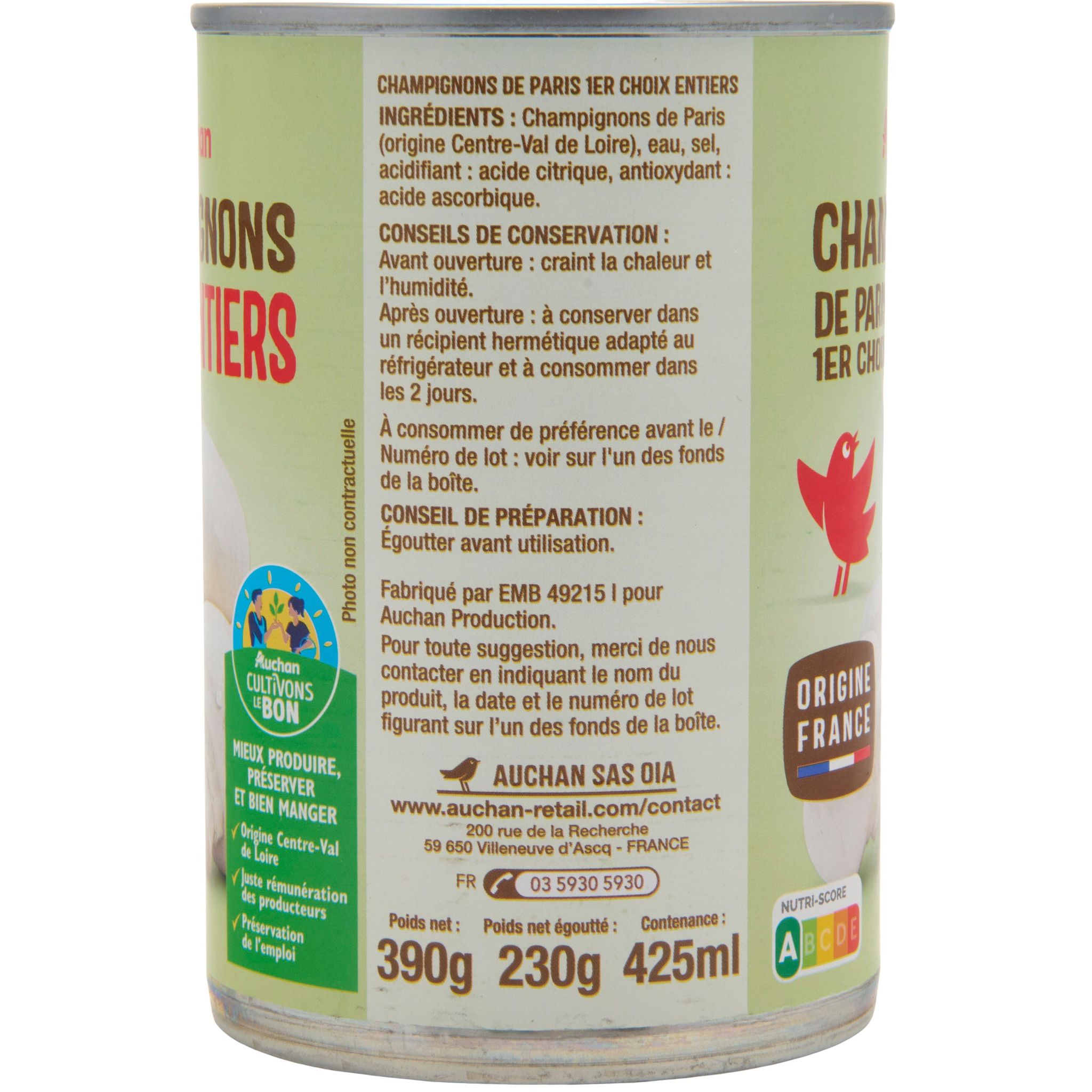 Voir la diapositive 2 : AUCHAN Champignons entiers 1er choix 230g