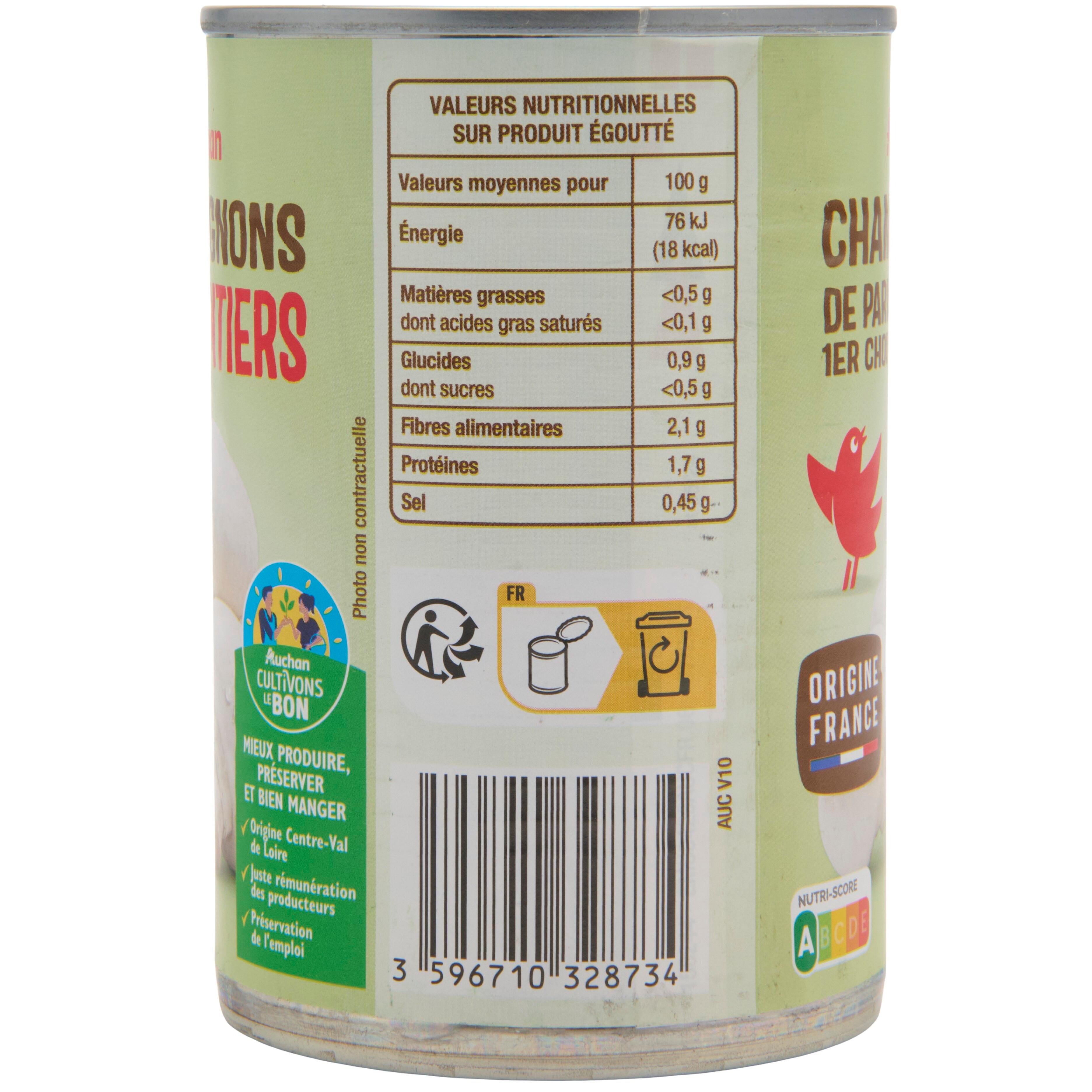 Voir la diapositive 3 : AUCHAN Champignons de Paris entiers 1er choix 230g