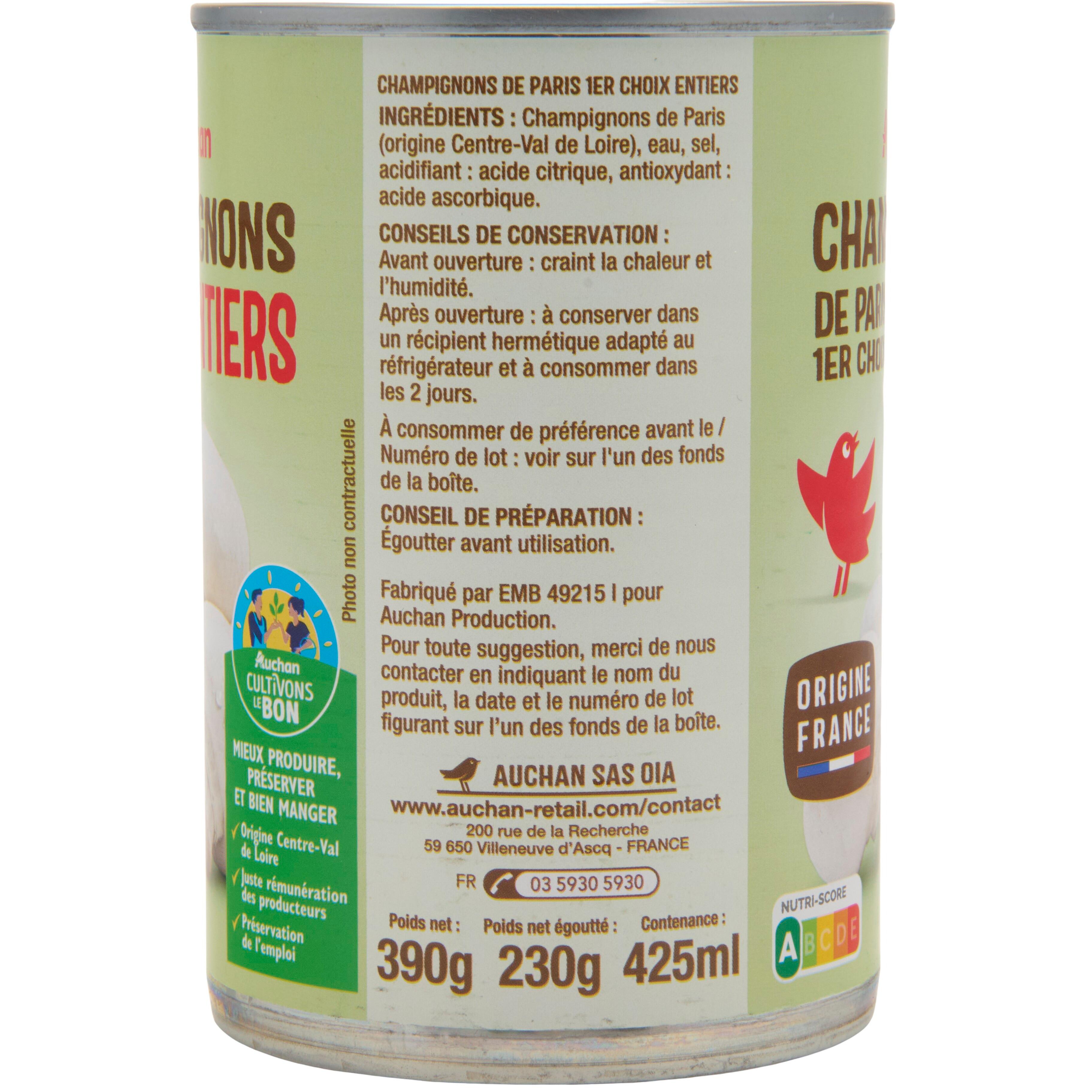 Voir la diapositive 5 : AUCHAN Champignons de Paris entiers 1er choix 230g
