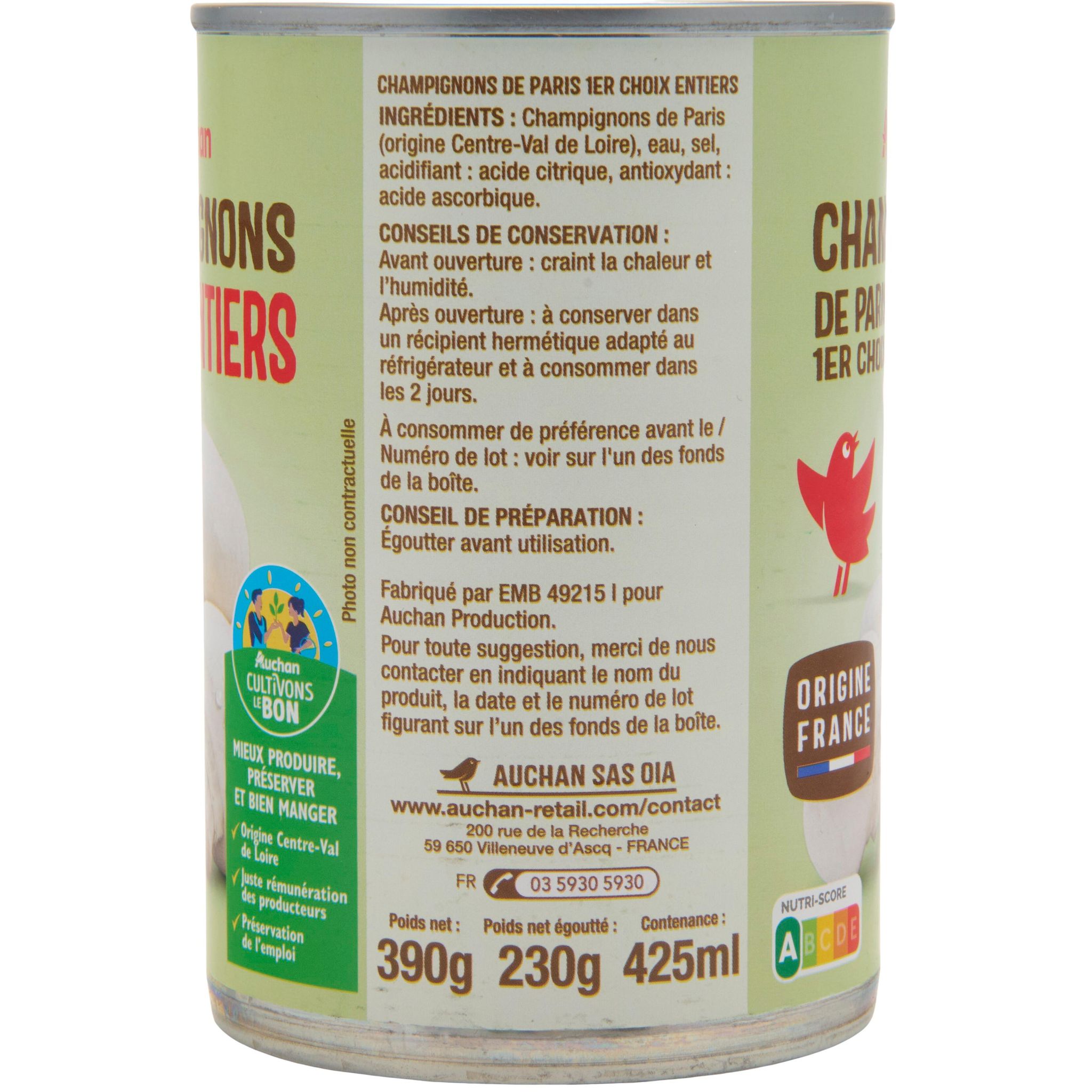 Voir la diapositive 5 : AUCHAN Champignons de Paris entiers 1er choix 230g