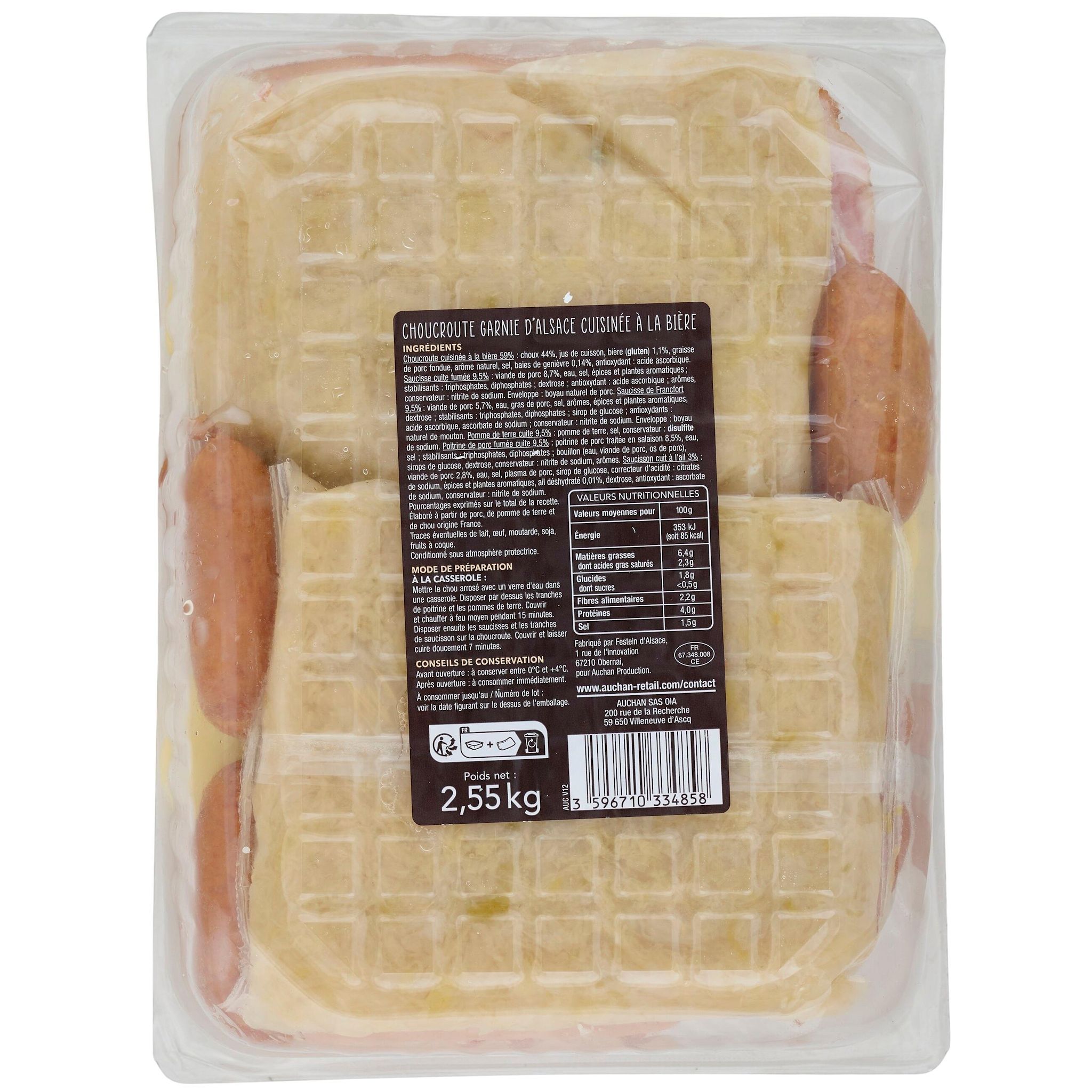 Voir la diapositive 2 : AUCHAN TERROIR Choucroute garnie et cuisinée à la bière 6 parts 2.55kg