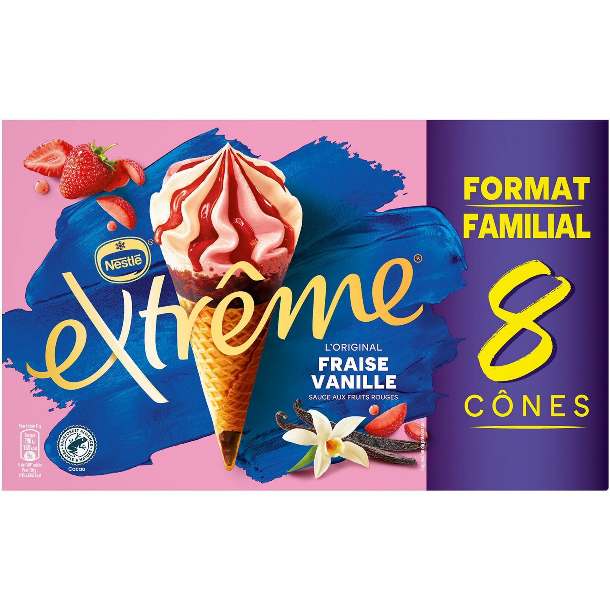 Voir la diapositive 2 : EXTREME Cône glacé fraise et vanille 8 pièces 568g