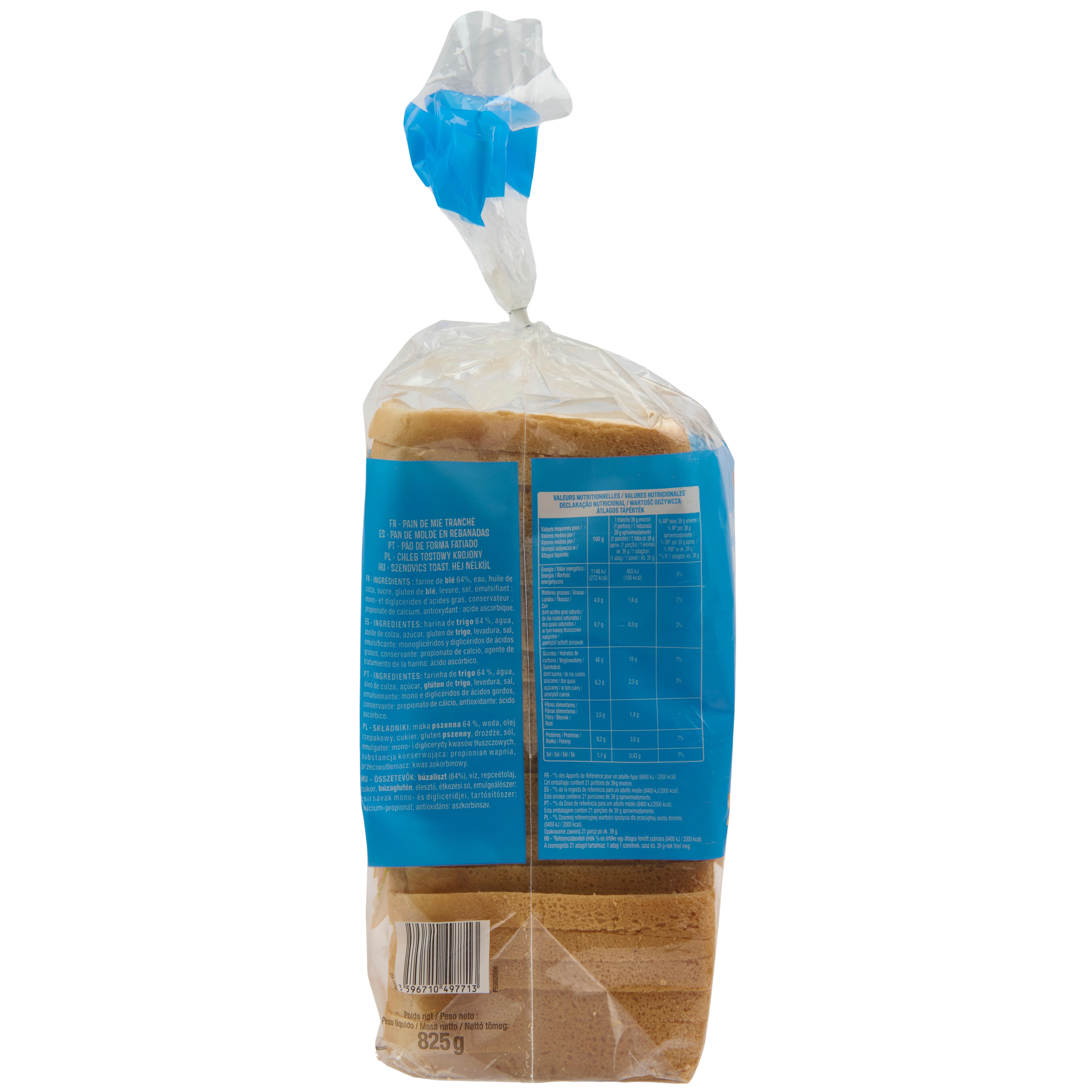 Voir la diapositive 3 : AUCHAN Pain de mie nature grandes tranches avec croûte spécial sandwich 21 tranches 825g