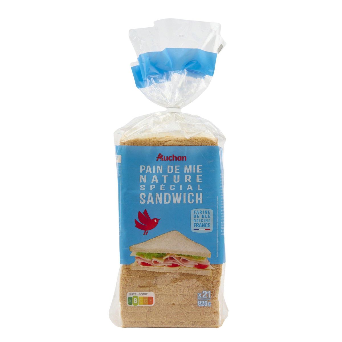 AUCHAN Pain de mie nature grandes tranches avec croûte spécial sandwich 21 tranches 825g