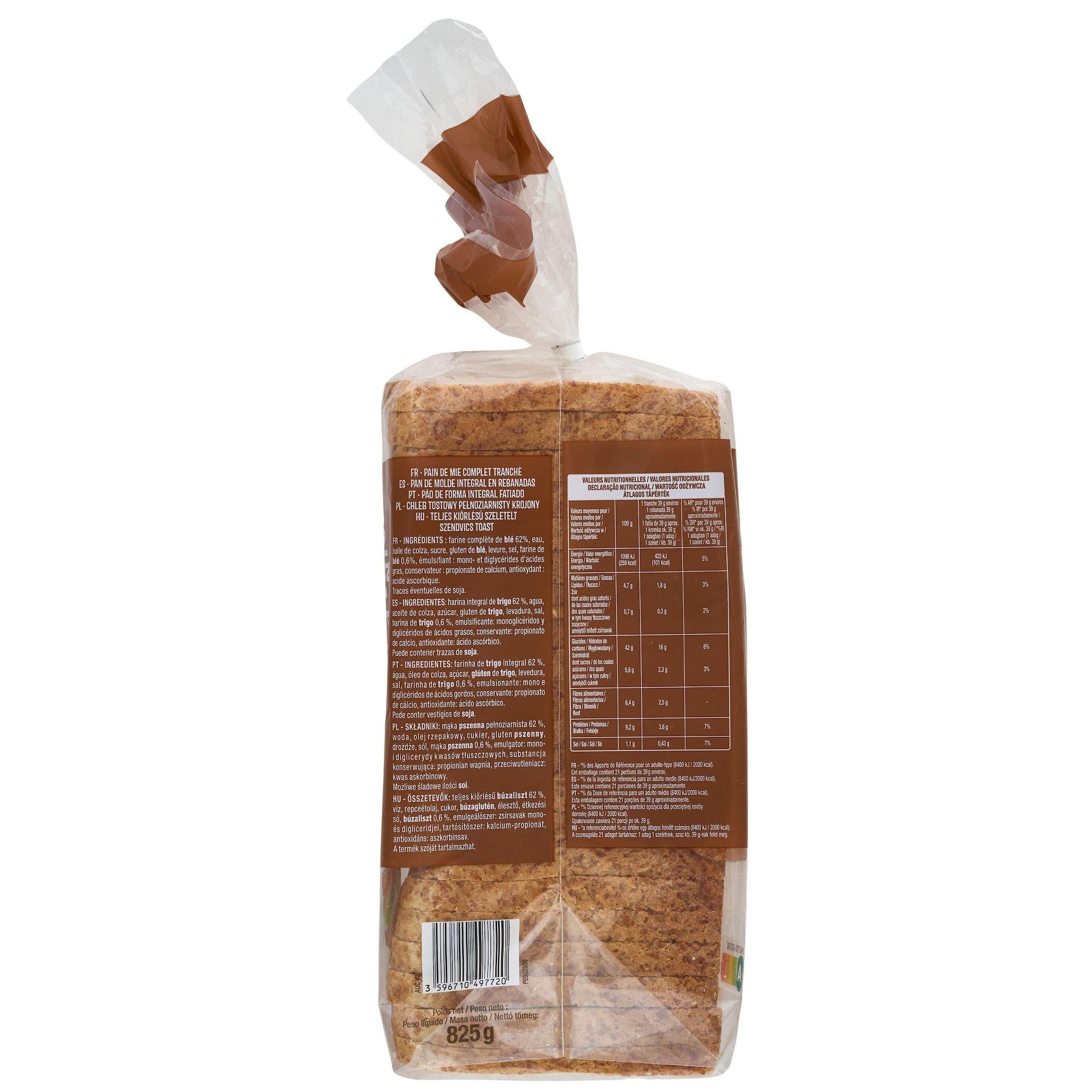 Voir la diapositive 2 : AUCHAN Pain de mie complet avec croûte spécial sandwich 21 tranches 825g