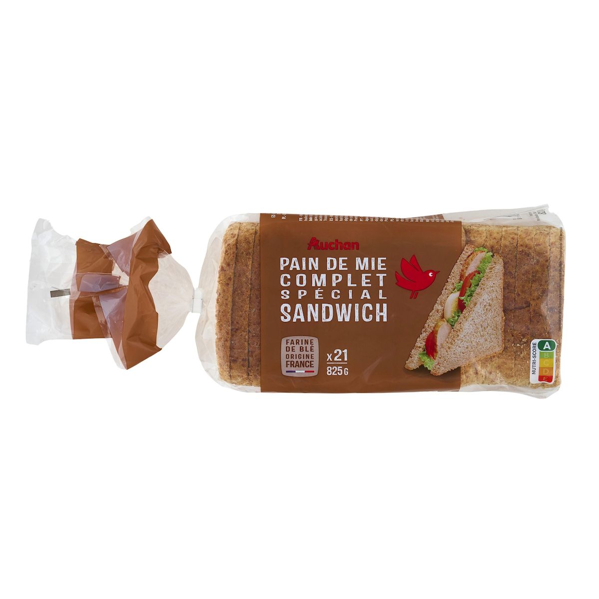 AUCHAN Pain de mie complet avec croûte spécial sandwich 21 tranches 825g