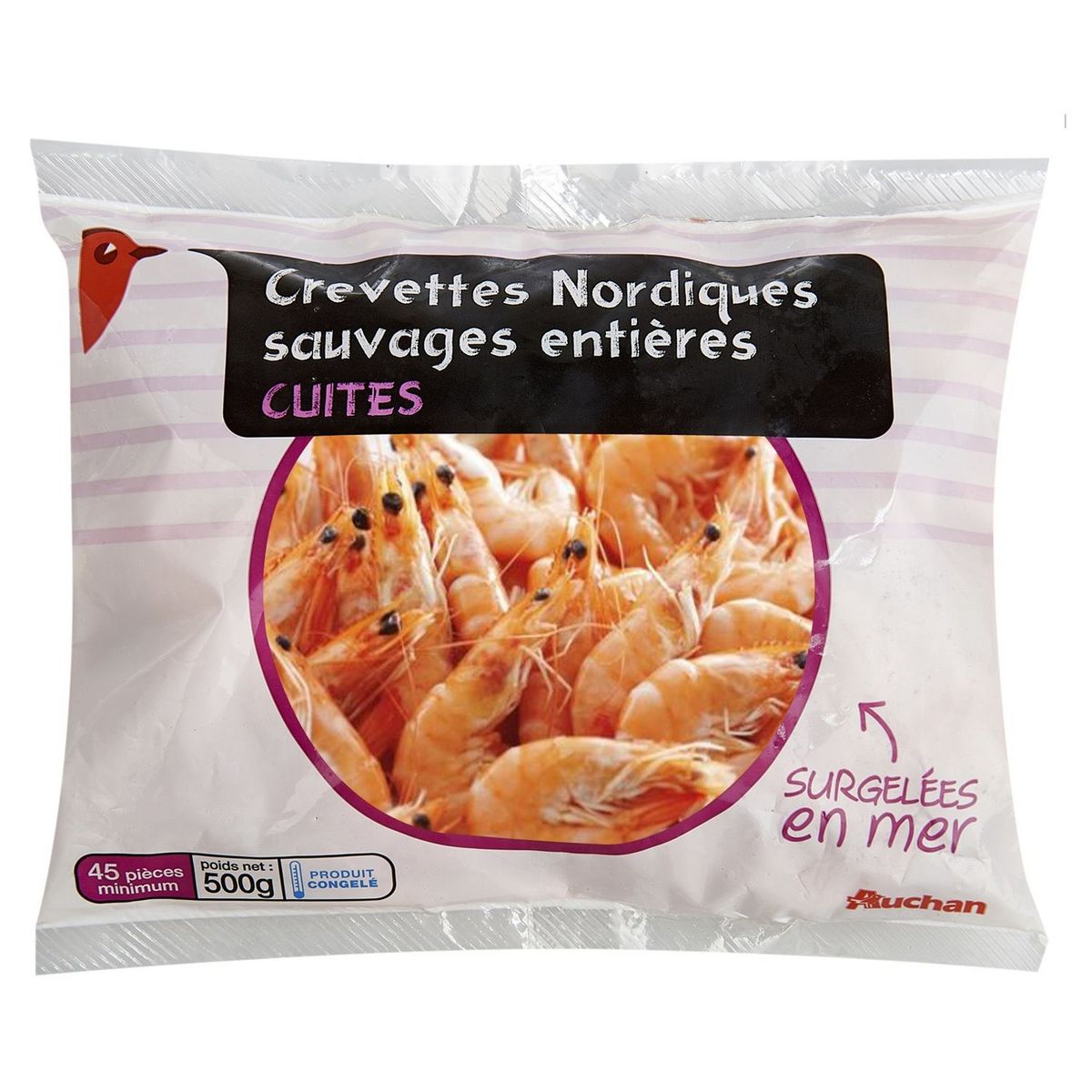 AUCHAN Crevettes sauvages surgelées en mer cuites 45 pièces minimum 500g