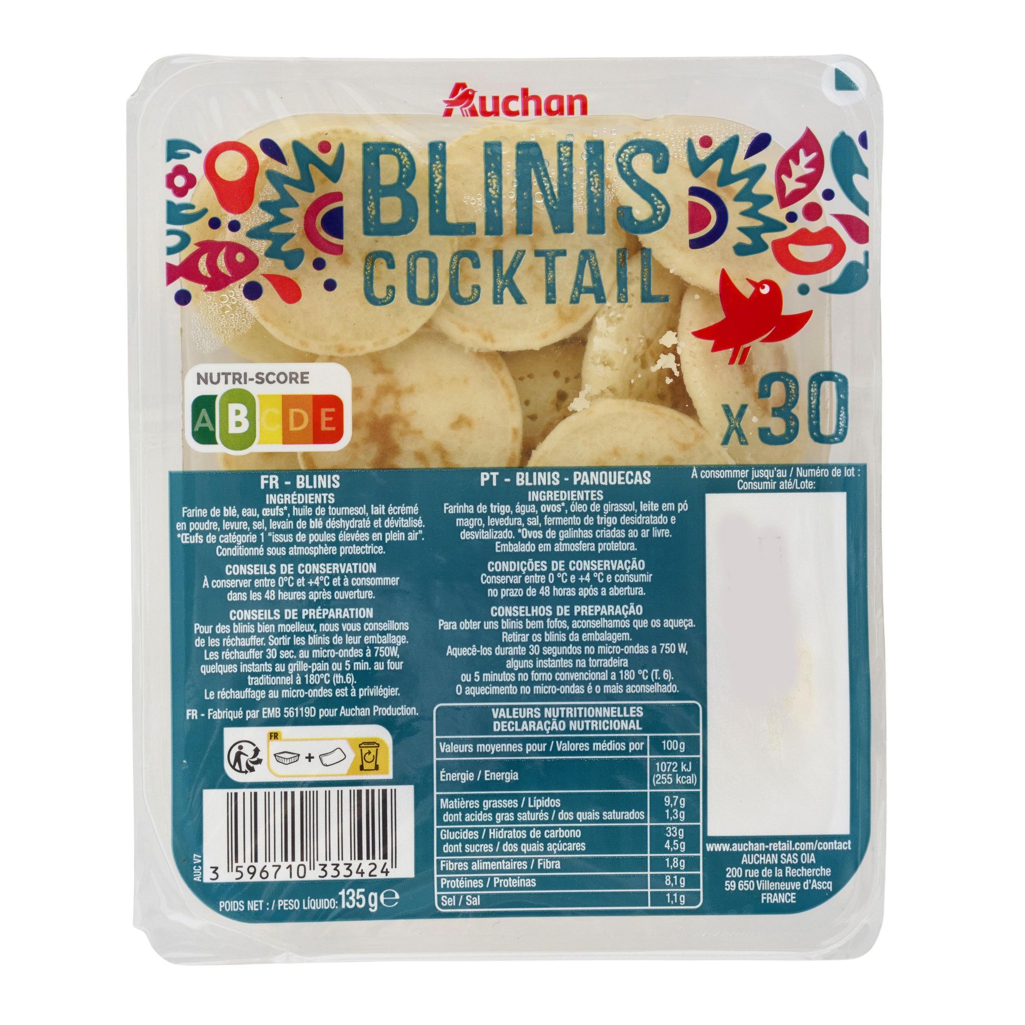 Voir la diapositive 2 : AUCHAN Blinis cocktail 30 pièces 135g