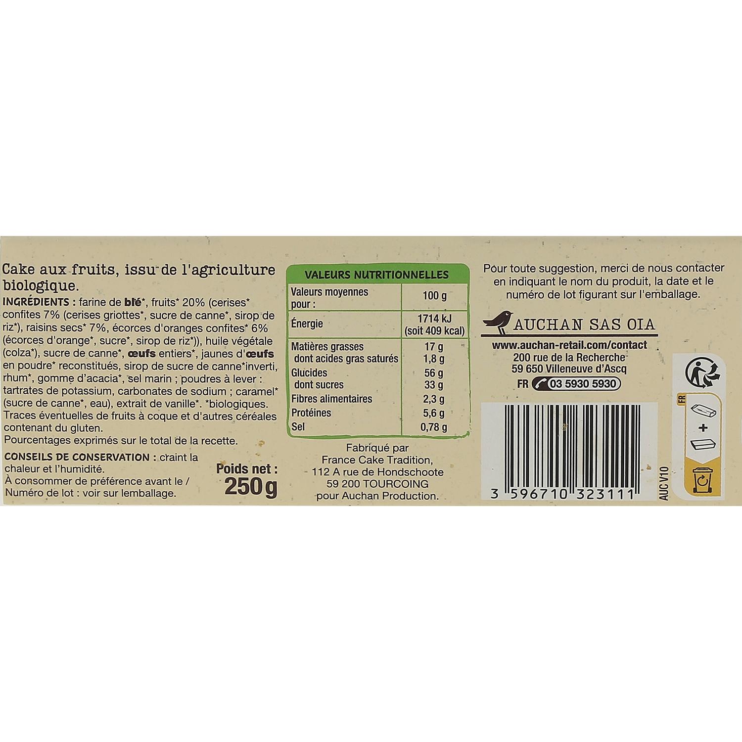 Voir la diapositive 3 : AUCHAN BIO Cake aux fruits 14 tranches 250g