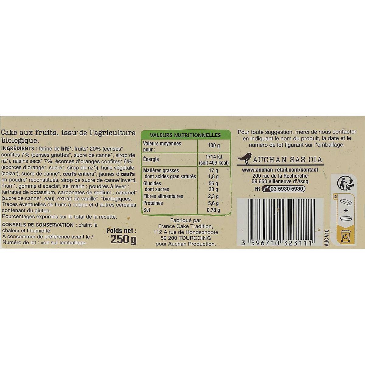 AUCHAN BIO Cake aux fruits 14 tranches 250g