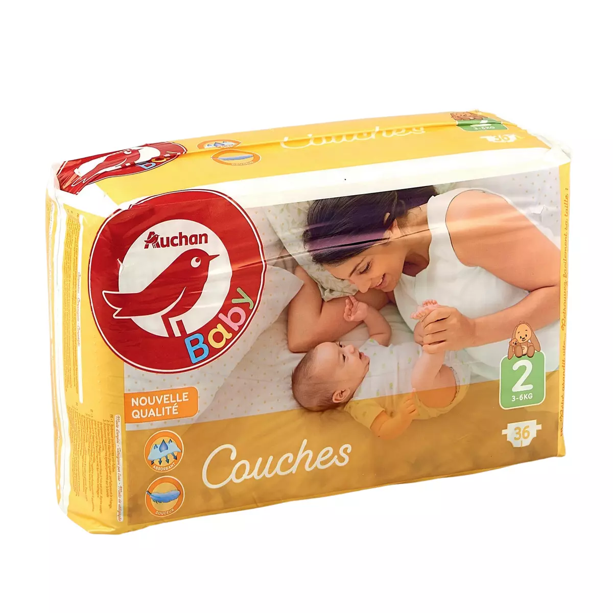 AUCHAN BABY Confort + couches taille 2 (3-6kg) 36 couches pas cher