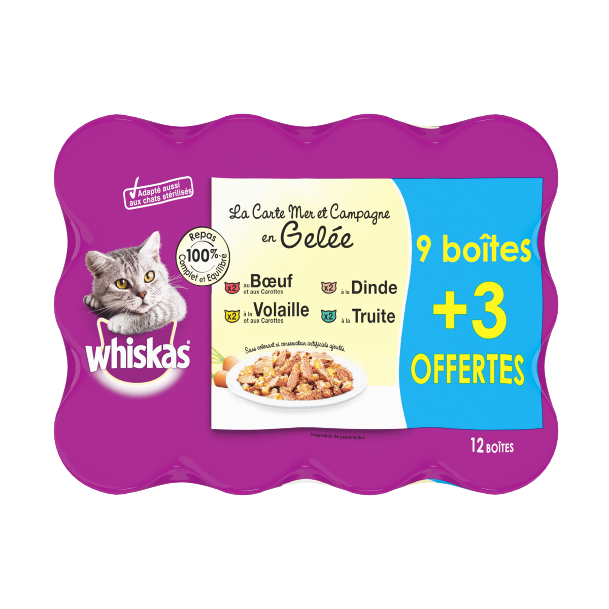 WHISKAS La Carte mer et campagne en gelée 4 variétés 9 boites + 3 offertes 