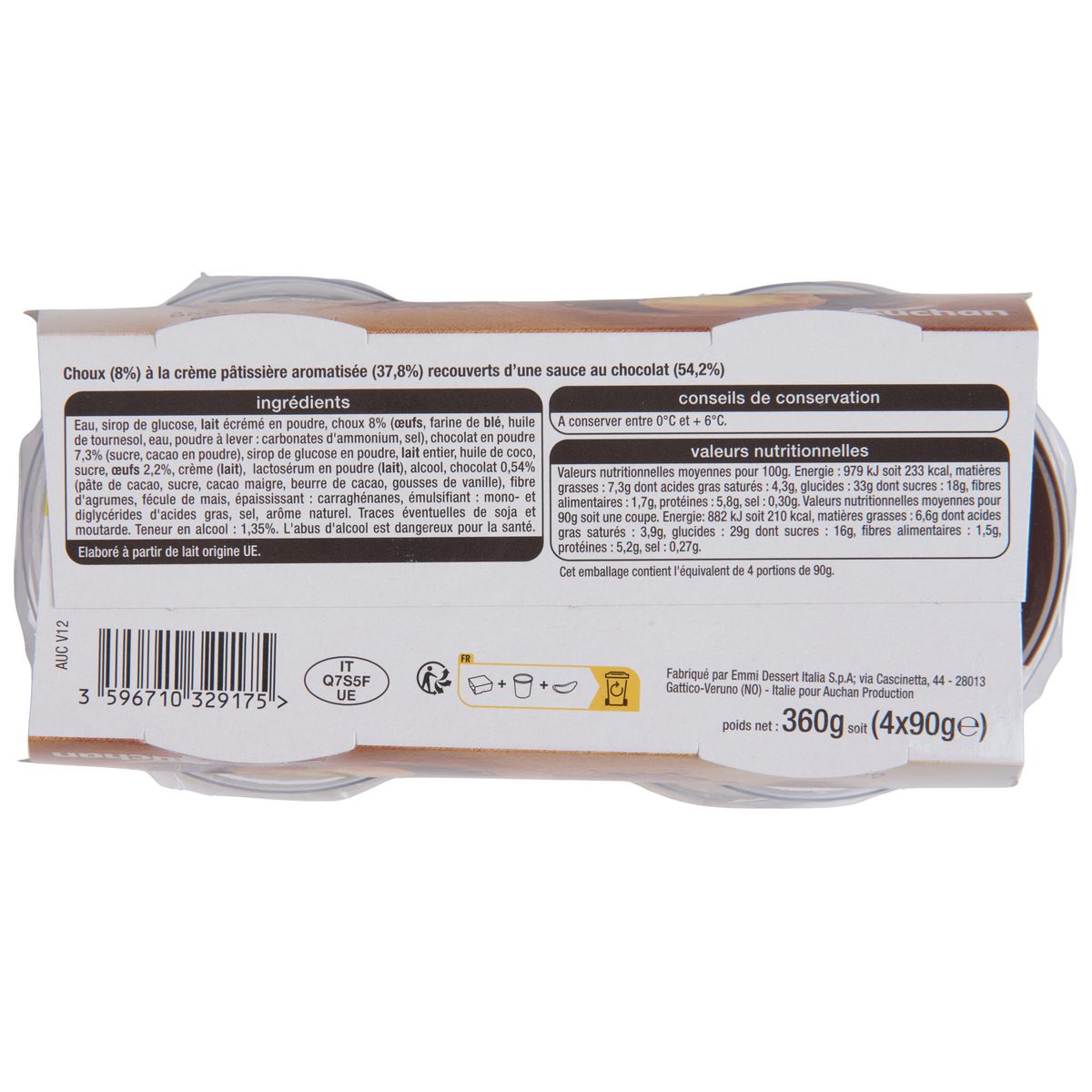 AUCHAN Profiteroles fourrées nappées de sauce au chocolat 4x90g