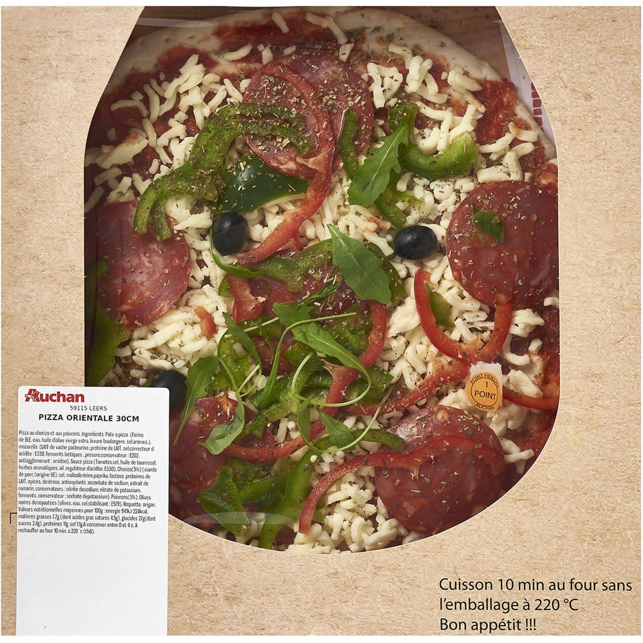 Voir la diapositive 2 : AUCHAN LE TRAITEUR Pizza orientale crue au chorizo et poivrons 540g