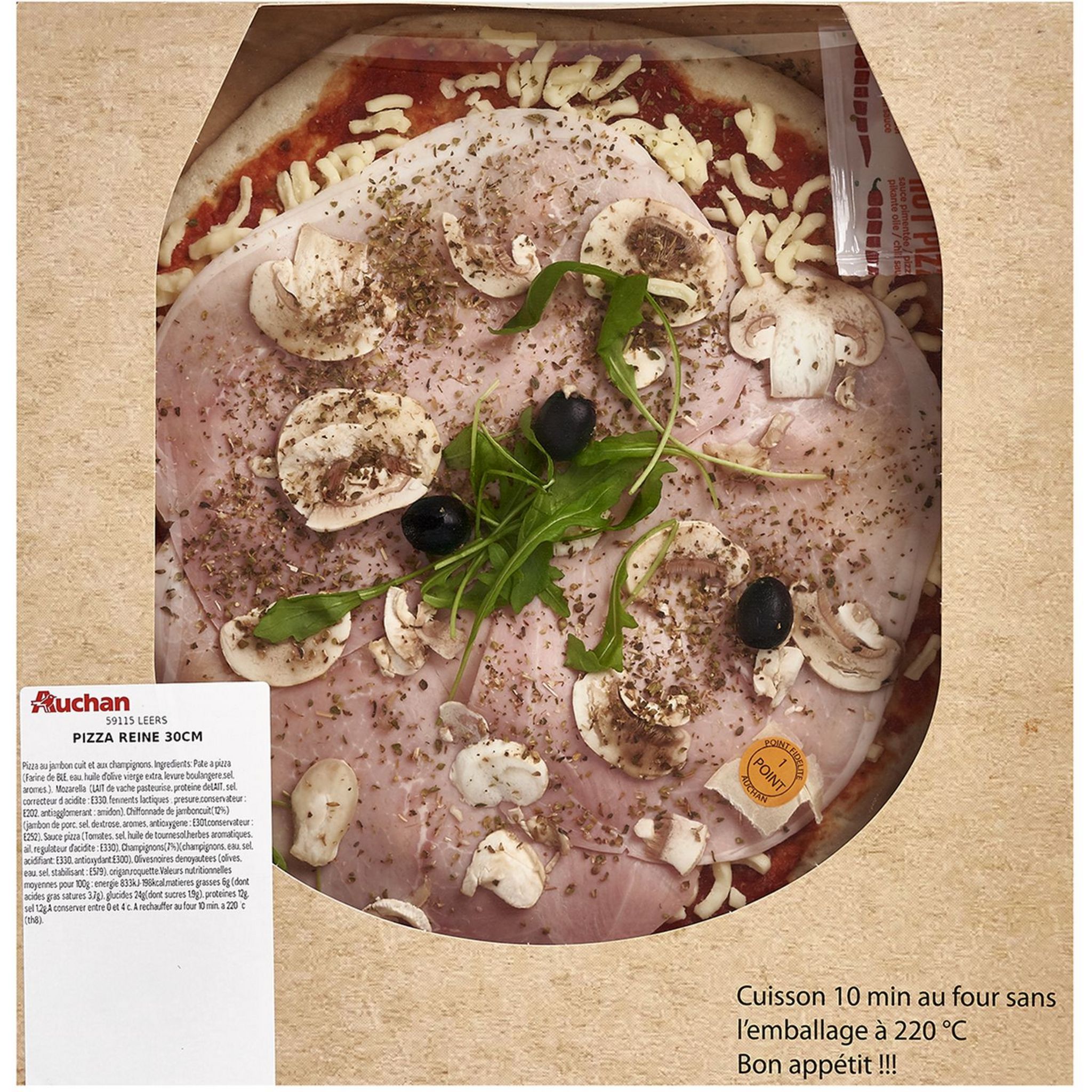 Voir la diapositive 2 : AUCHAN LE TRAITEUR Pizza crue Reine jambon champignons 610g